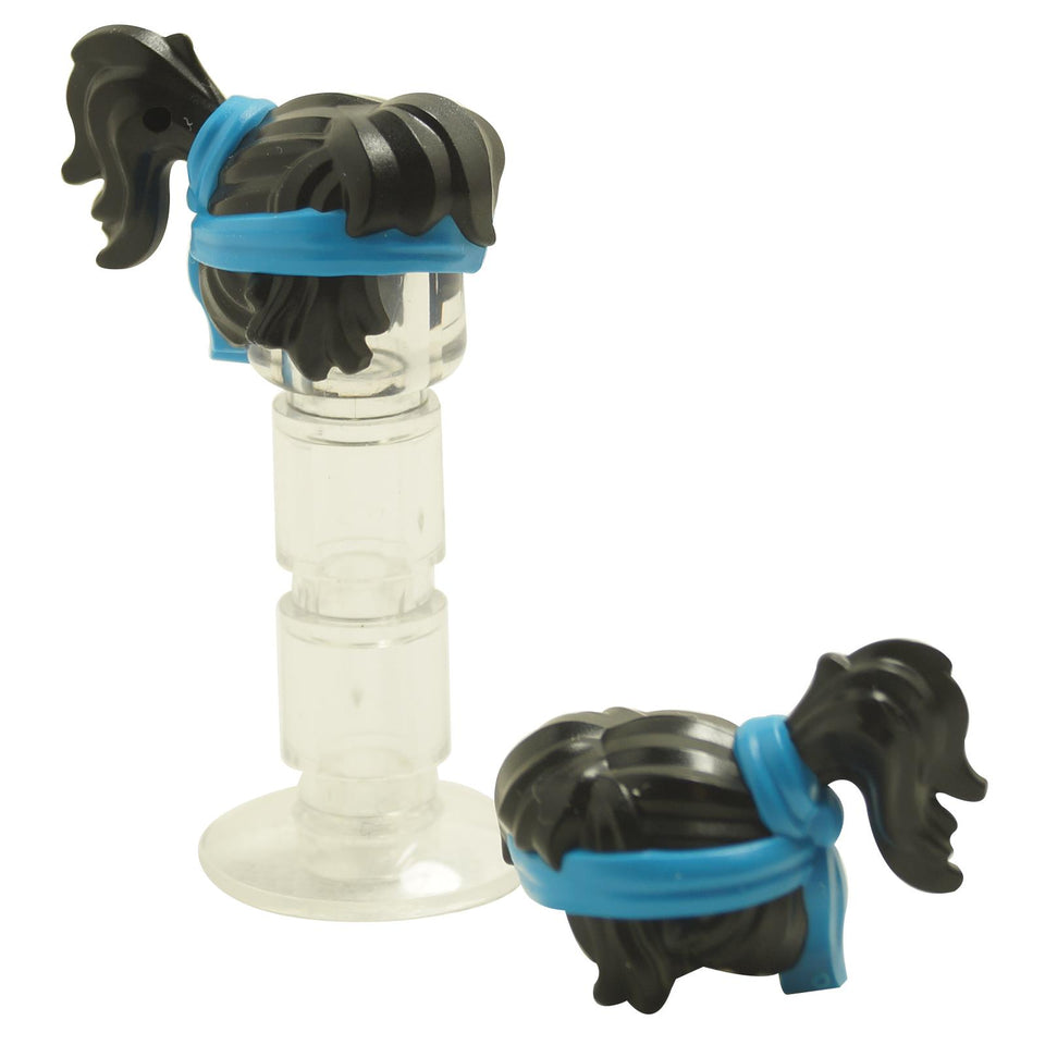 Black female minifigure hair piece with high ponytail and dark azure headband detail