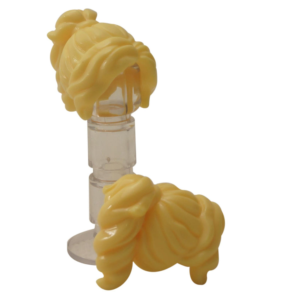 Bright light yellow LEGO® minifigure hair, long wavy with ponytail, part 28432, detailed female hairstyle piece