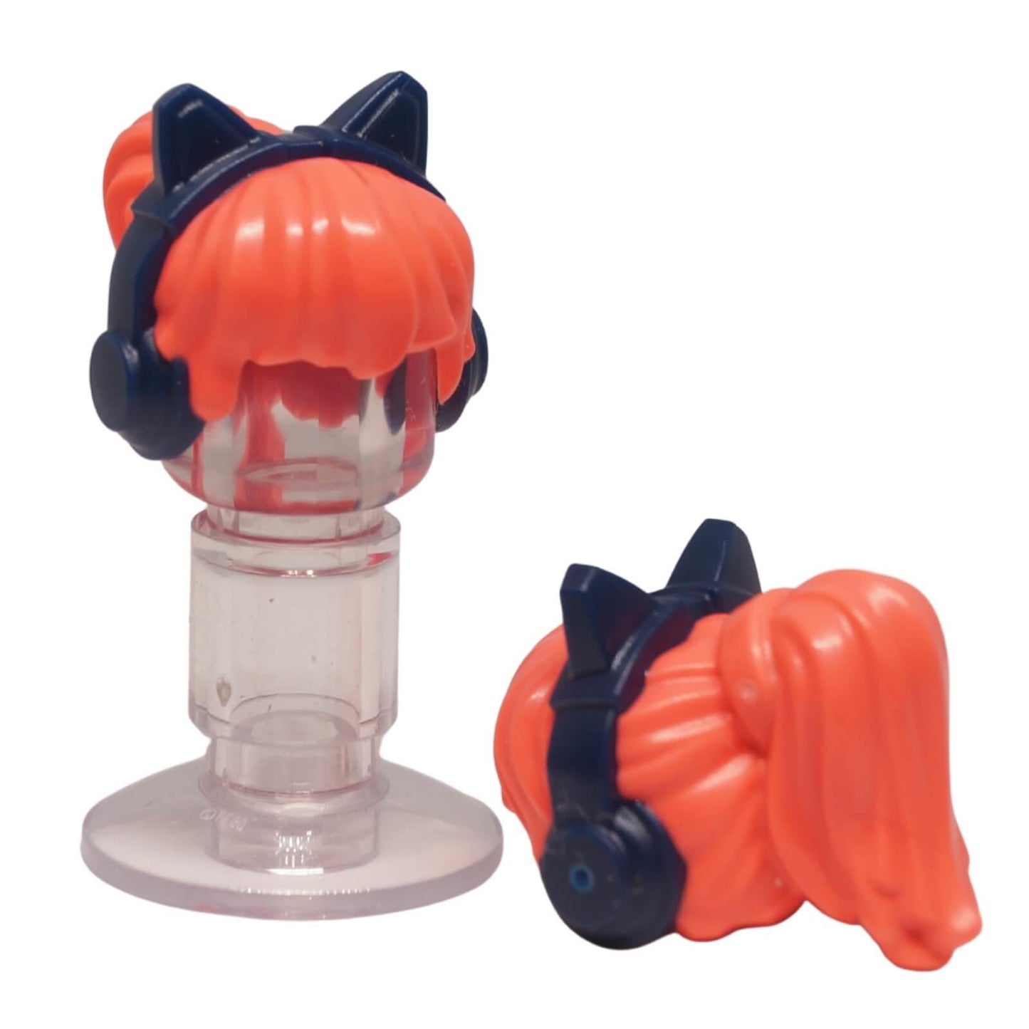 LEGO minifigure hair piece in coral with a high ponytail and molded dark blue cat-ear headphones (Part 5326pb01).