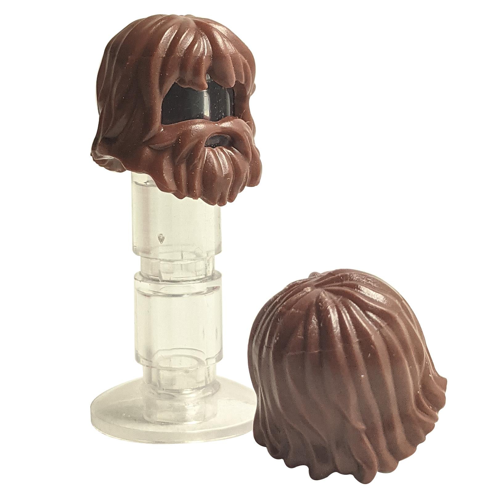LEGO minifigure shaggy hair with molded beard and mouth hole in reddish brown 87999