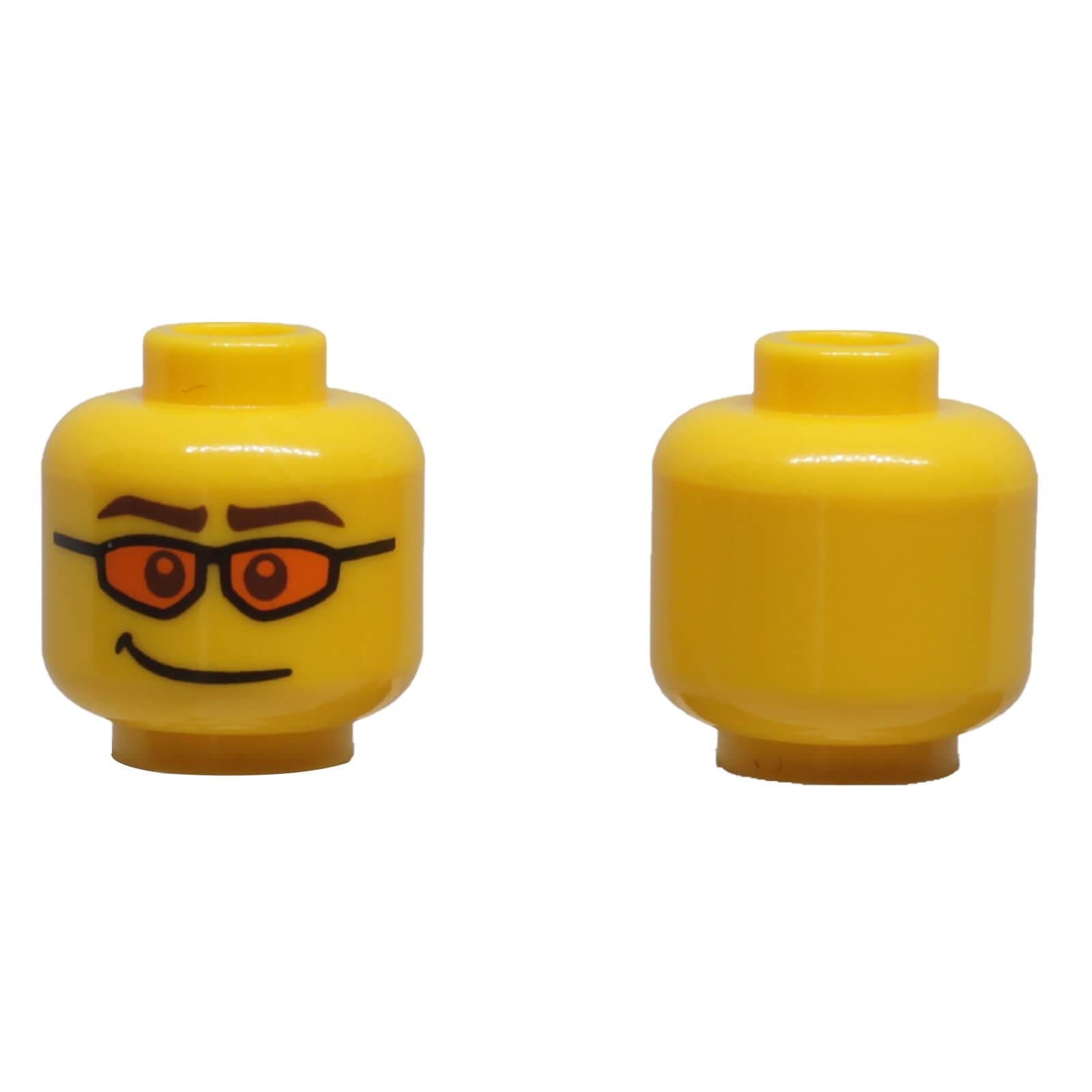 LEGO® yellow minifigure head 3626pb0469 with orange sunglasses, brown eyebrows and a crooked smile.