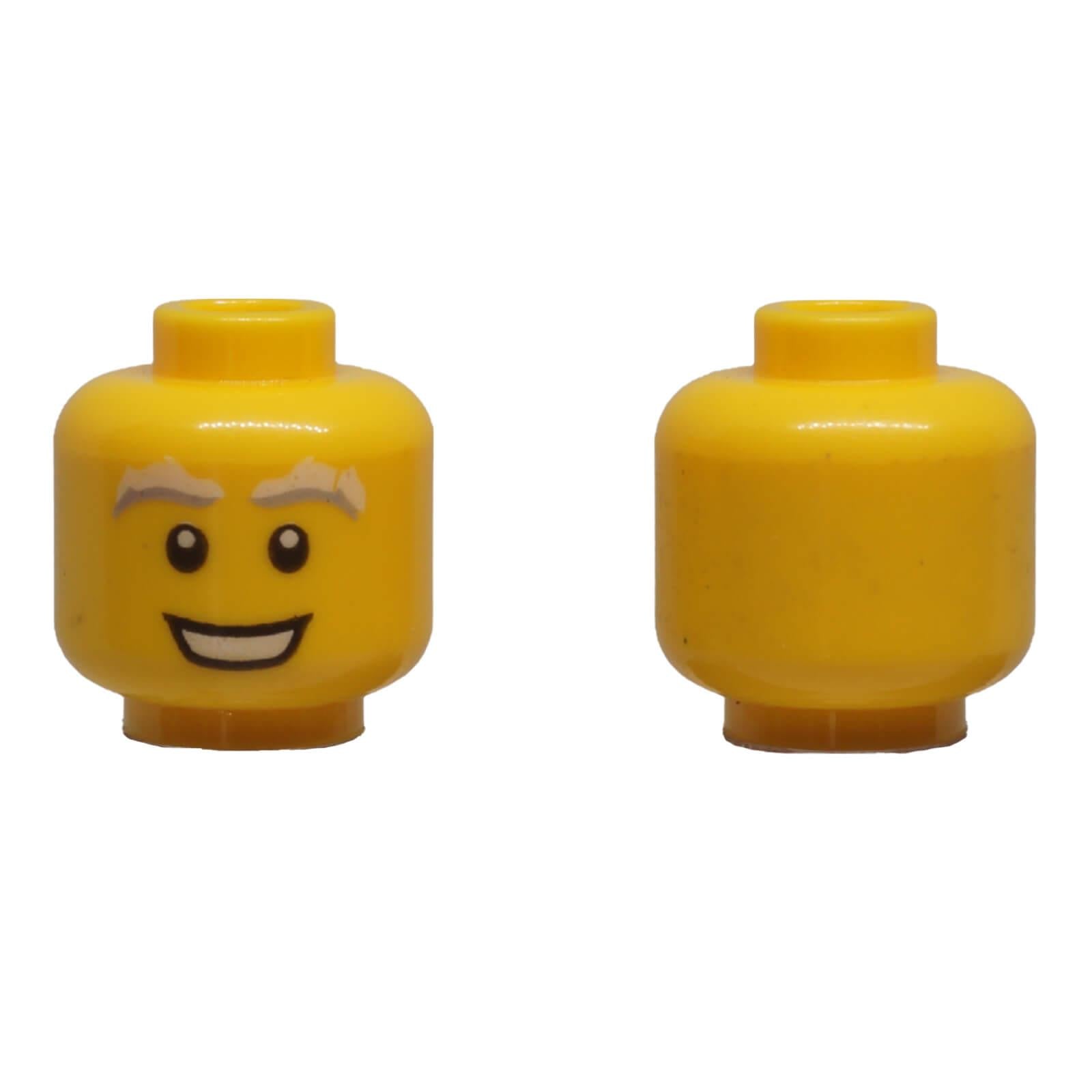 LEGO® yellow minifigure head 3626pb0798 with bushy light bluish grey eyebrows and a smiling expression.
