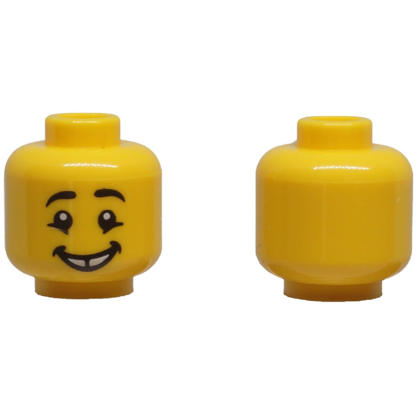 LEGO® yellow minifigure head 3626pb0984 with black eyebrows, cheekbone lines and a smiling gap tooth expression.