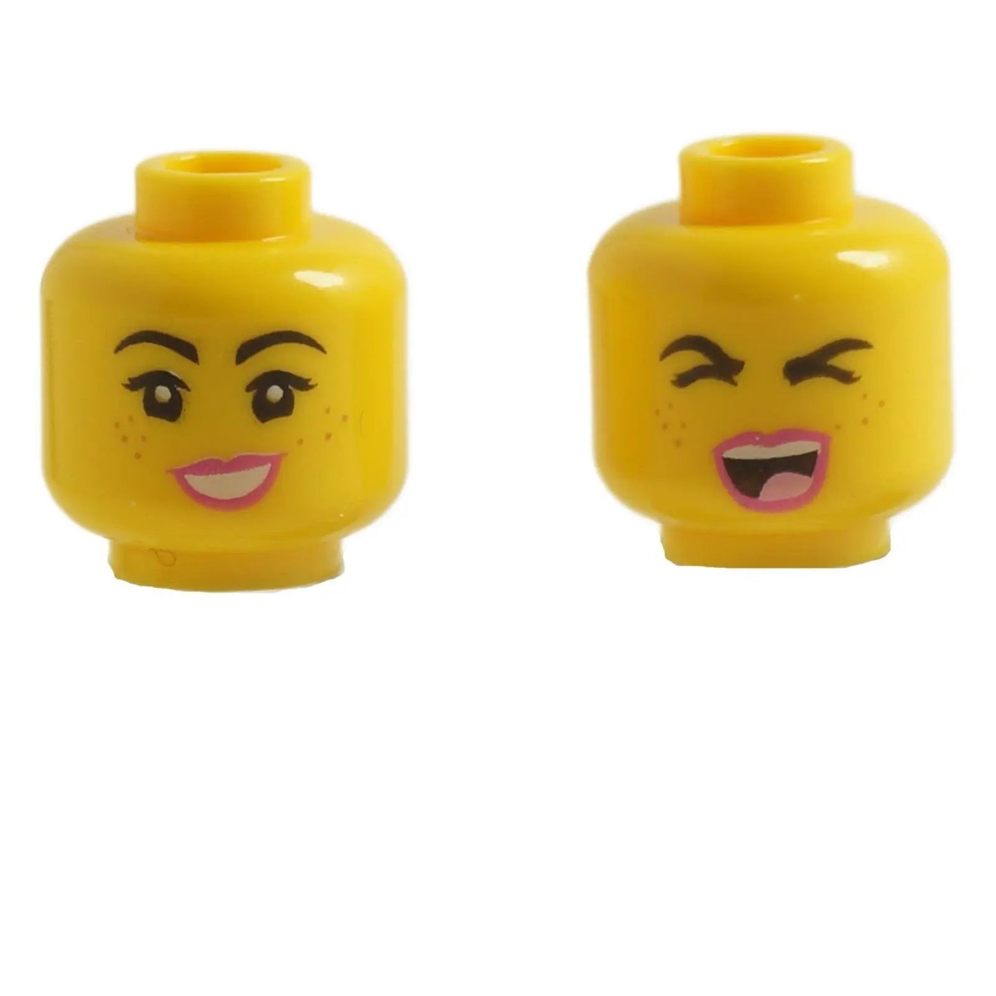 Minifigure head 3626pb2313 with dual-sided freckled female print featuring smiling face and winking open-mouth expression