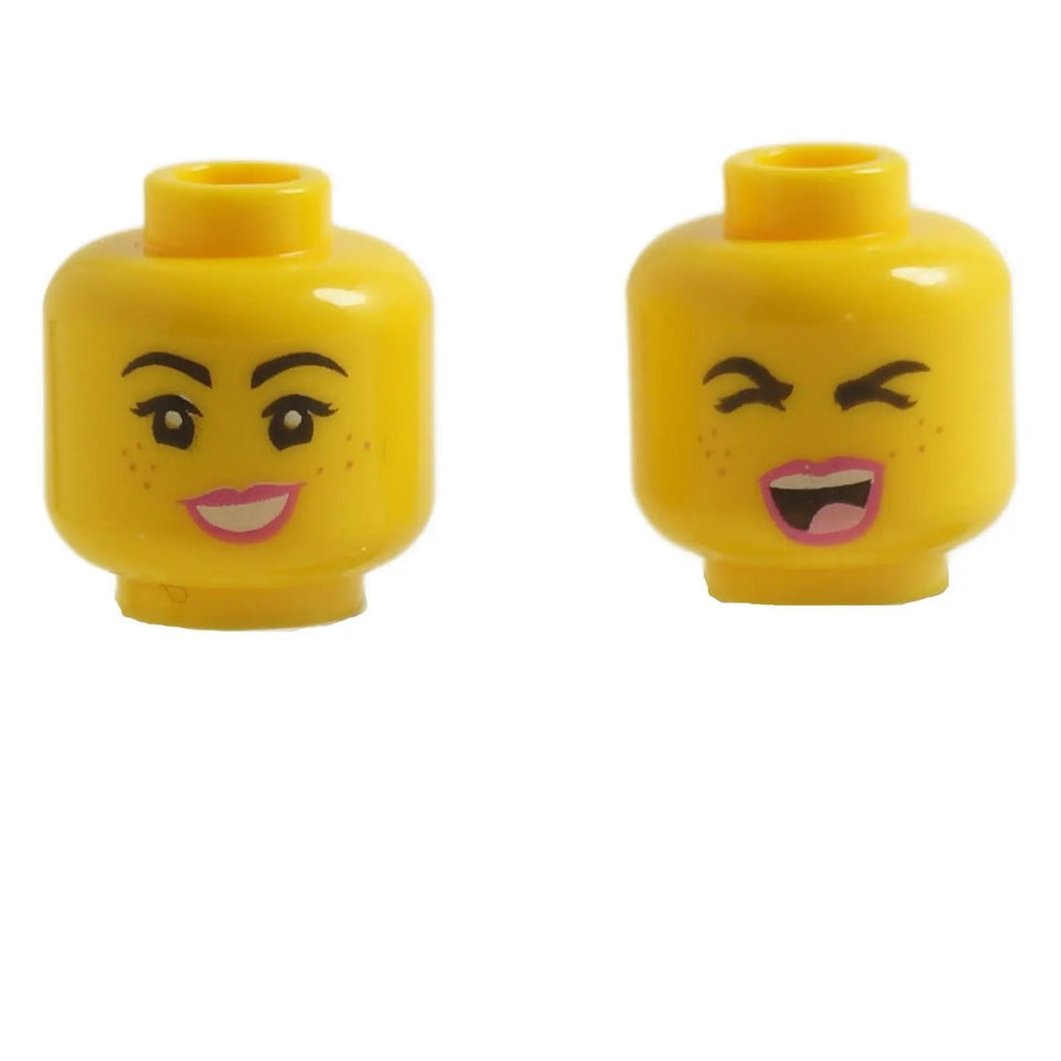 Minifigure head 3626pb2313 with dual-sided freckled female print featuring smiling face and winking open-mouth expression