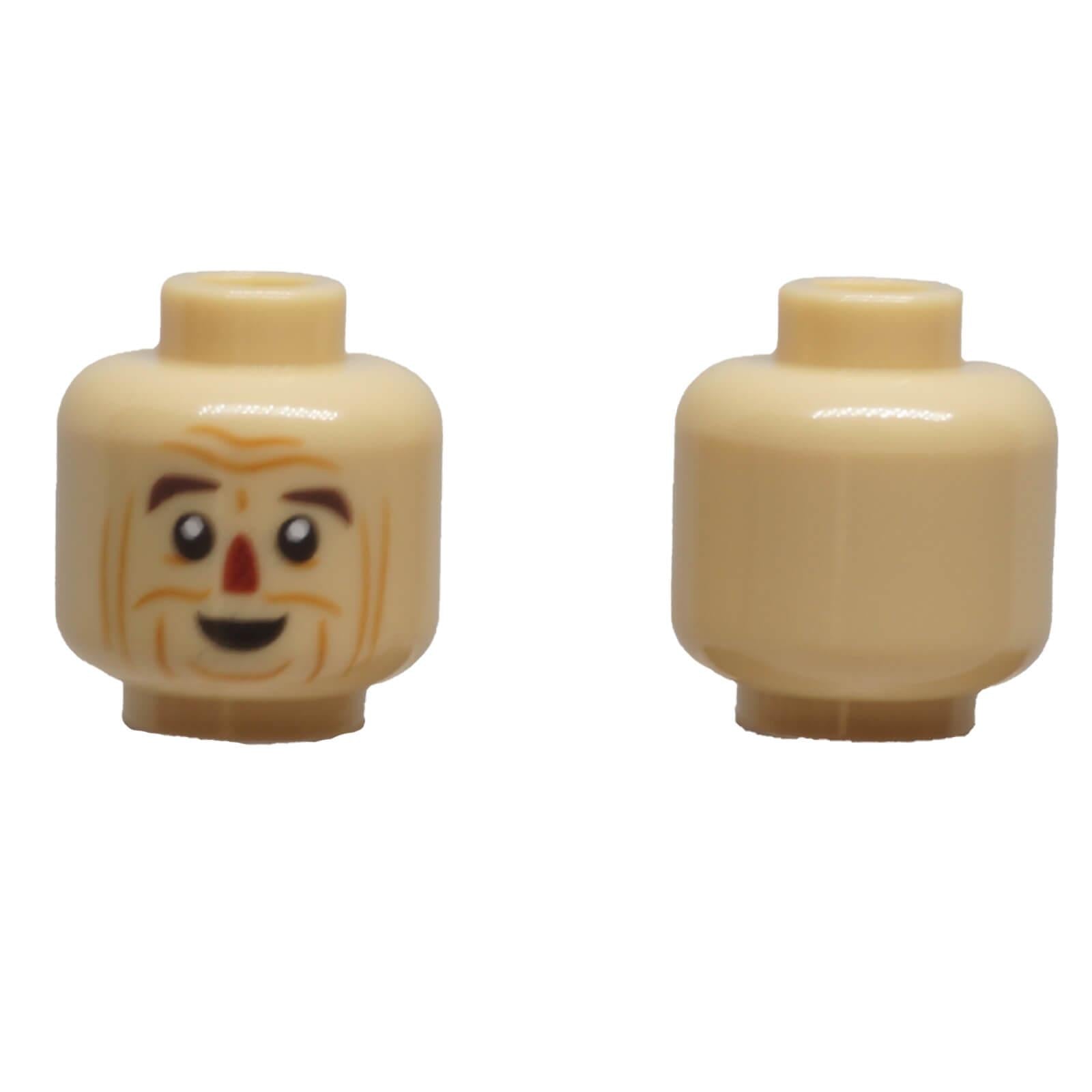 LEGO® light nougat minifigure head 3626pb2321 with reddish brown eyebrows, dark red nose and smiling expression.