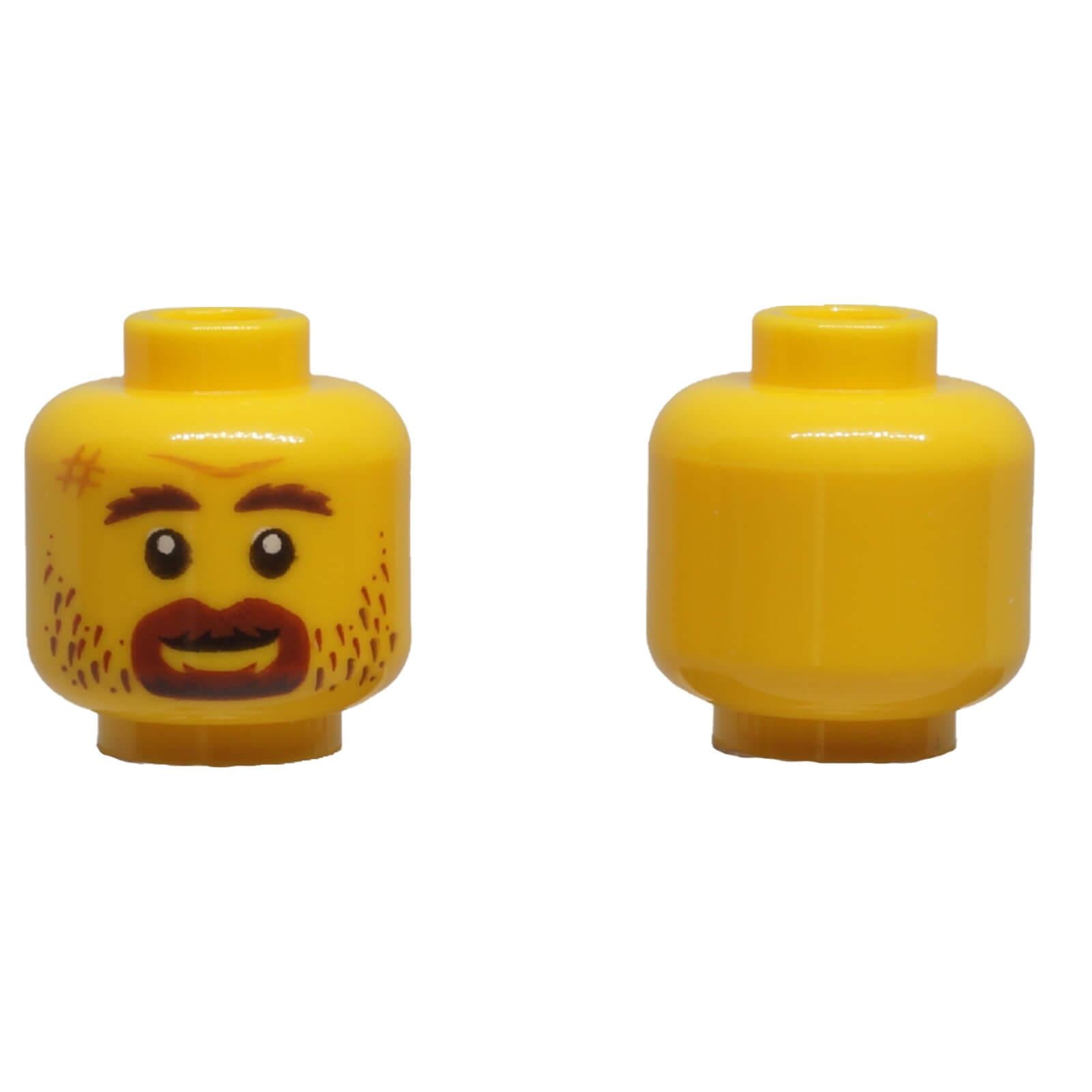LEGO® yellow minifigure head 3626pb2741 with reddish brown goatee, stubble, forehead scuff and a slight grin.