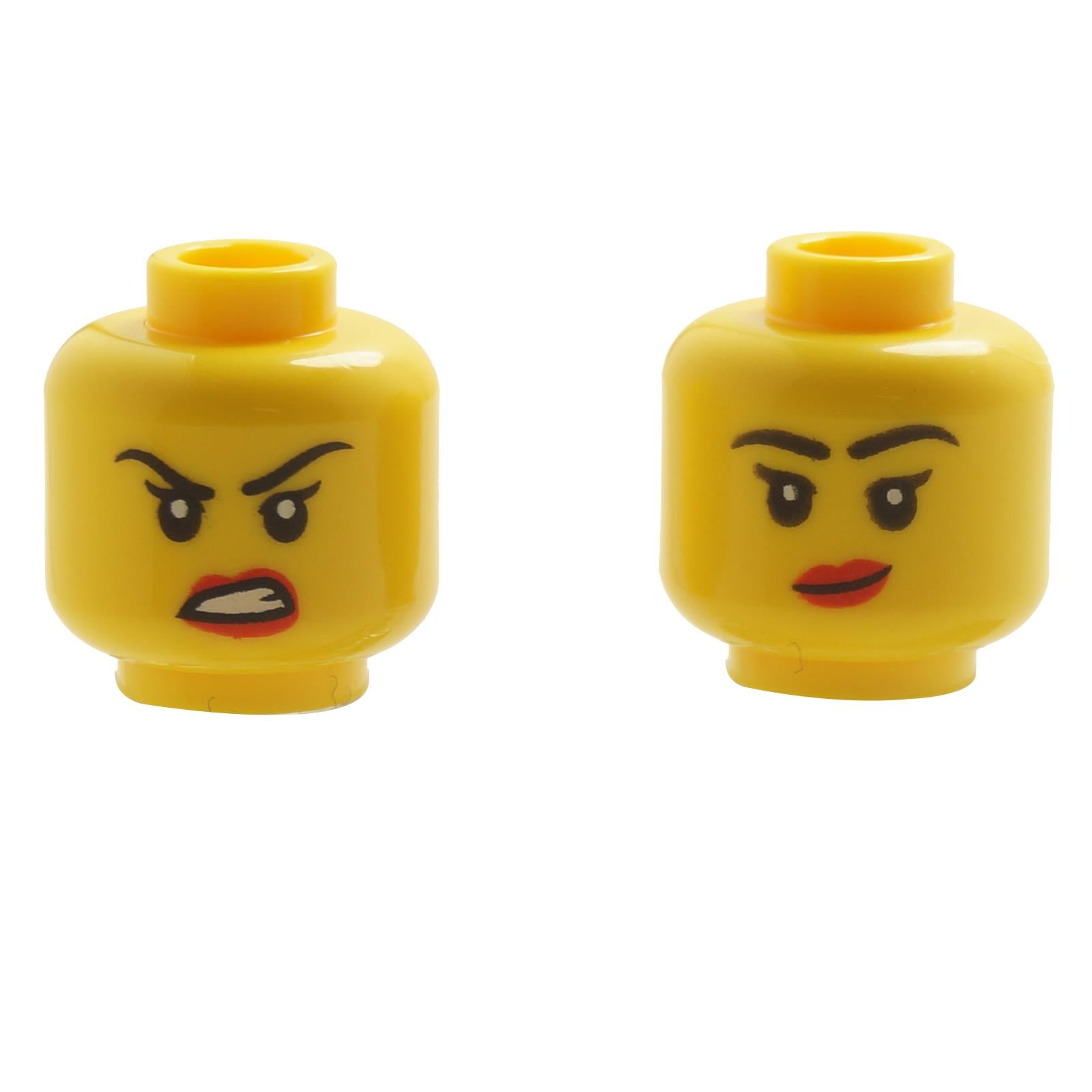 Minifigure head 3626pb3578 with dual-sided print featuring lopsided grin on one side and scowl expression on reverse