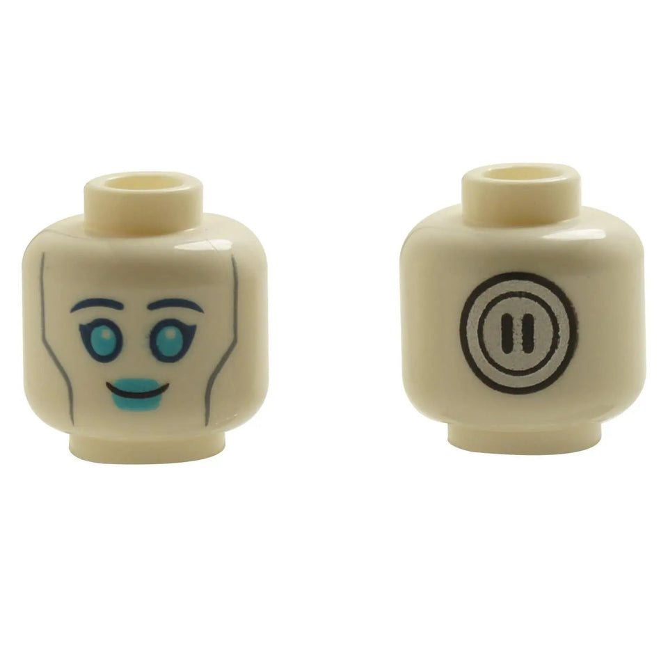 Minifigure alien female head 3626pb3584 with turquoise eyes, teal lips and circular tech print on reverse