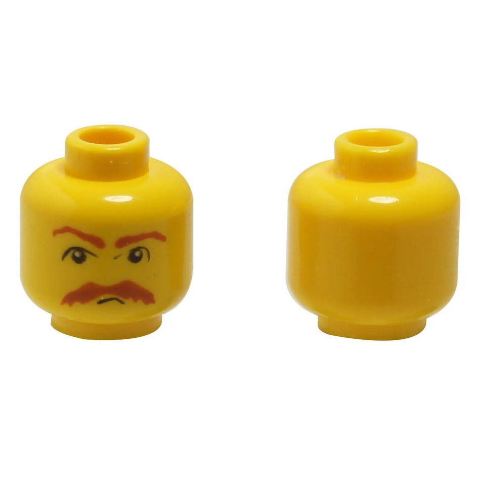 Minifigure head with brown bushy moustache and matching eyebrows pattern, featuring a stern facial expression on a yellow head element