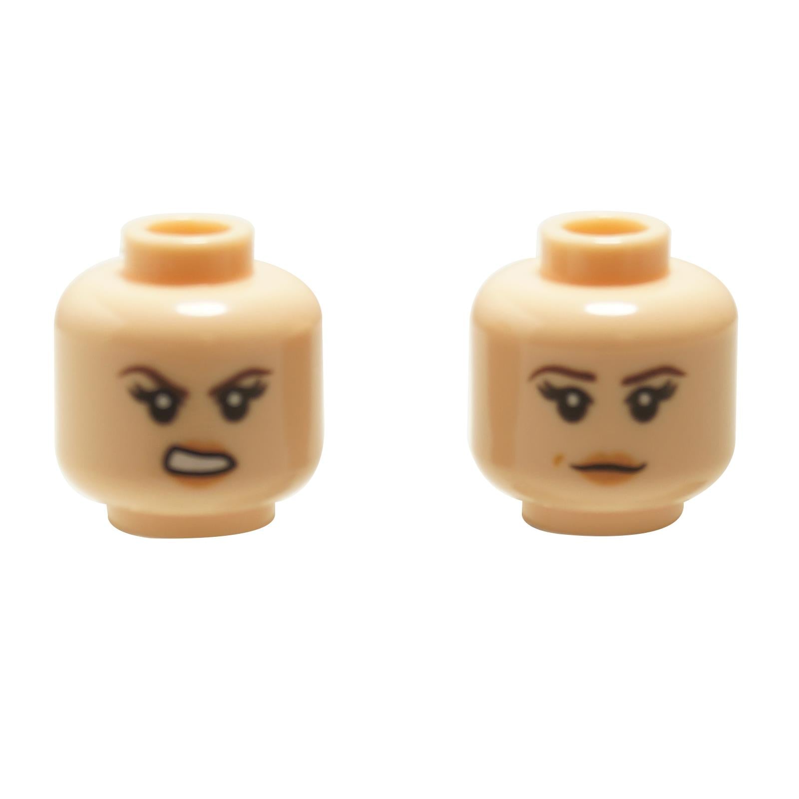  LEGO minifigure heads displaying dual-sided angry and neutral expressions.