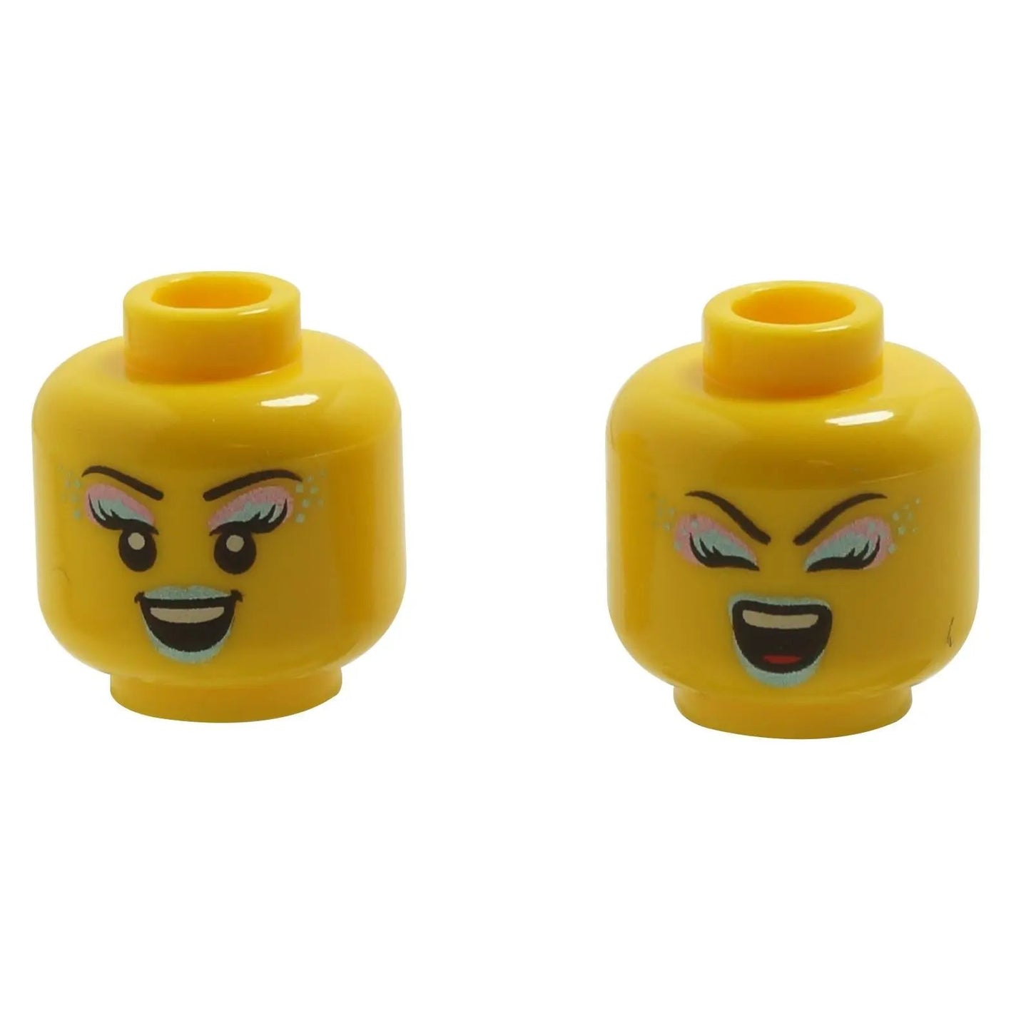 Yellow minifigure head with dual-sided female expressions, metallic light blue and purple eyeshadow and open smiling mouth