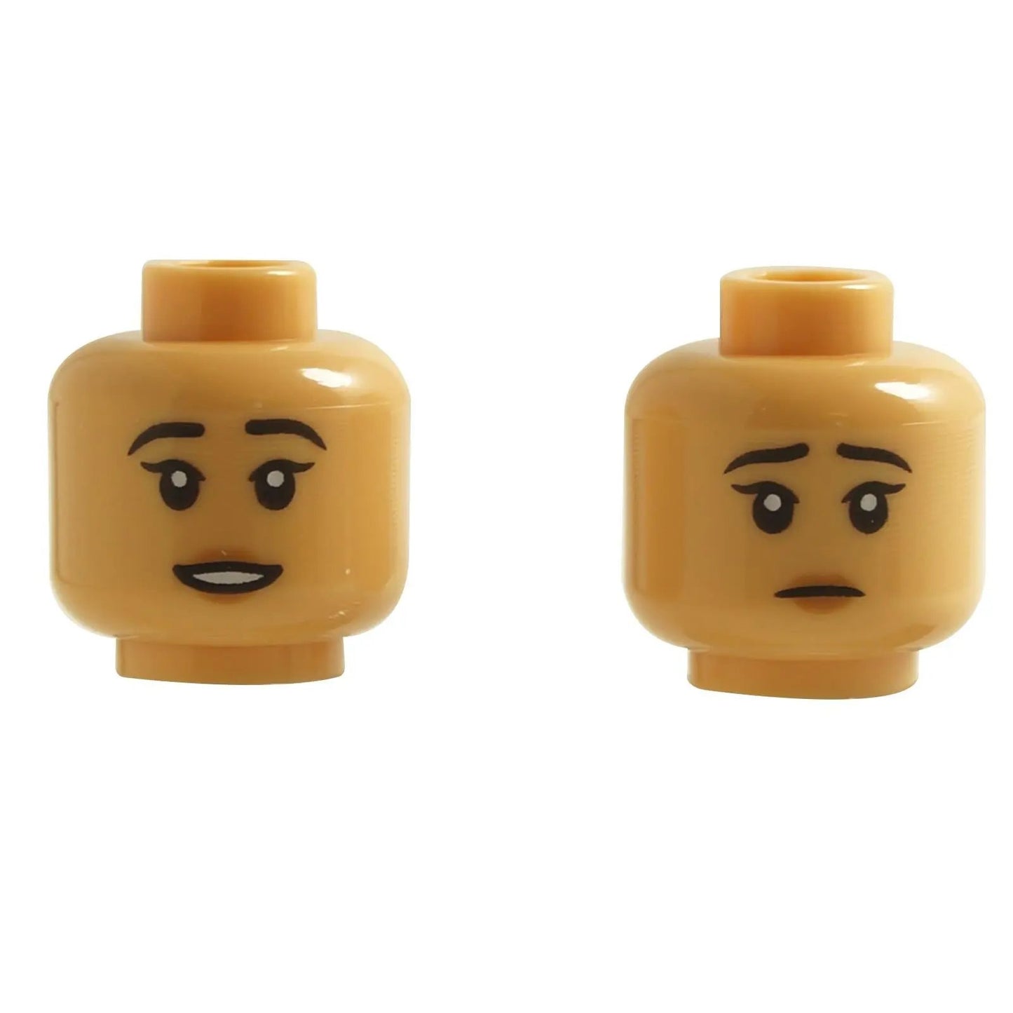 Minifigure dual-sided female head with gentle smile on one side and sad expression on reverse