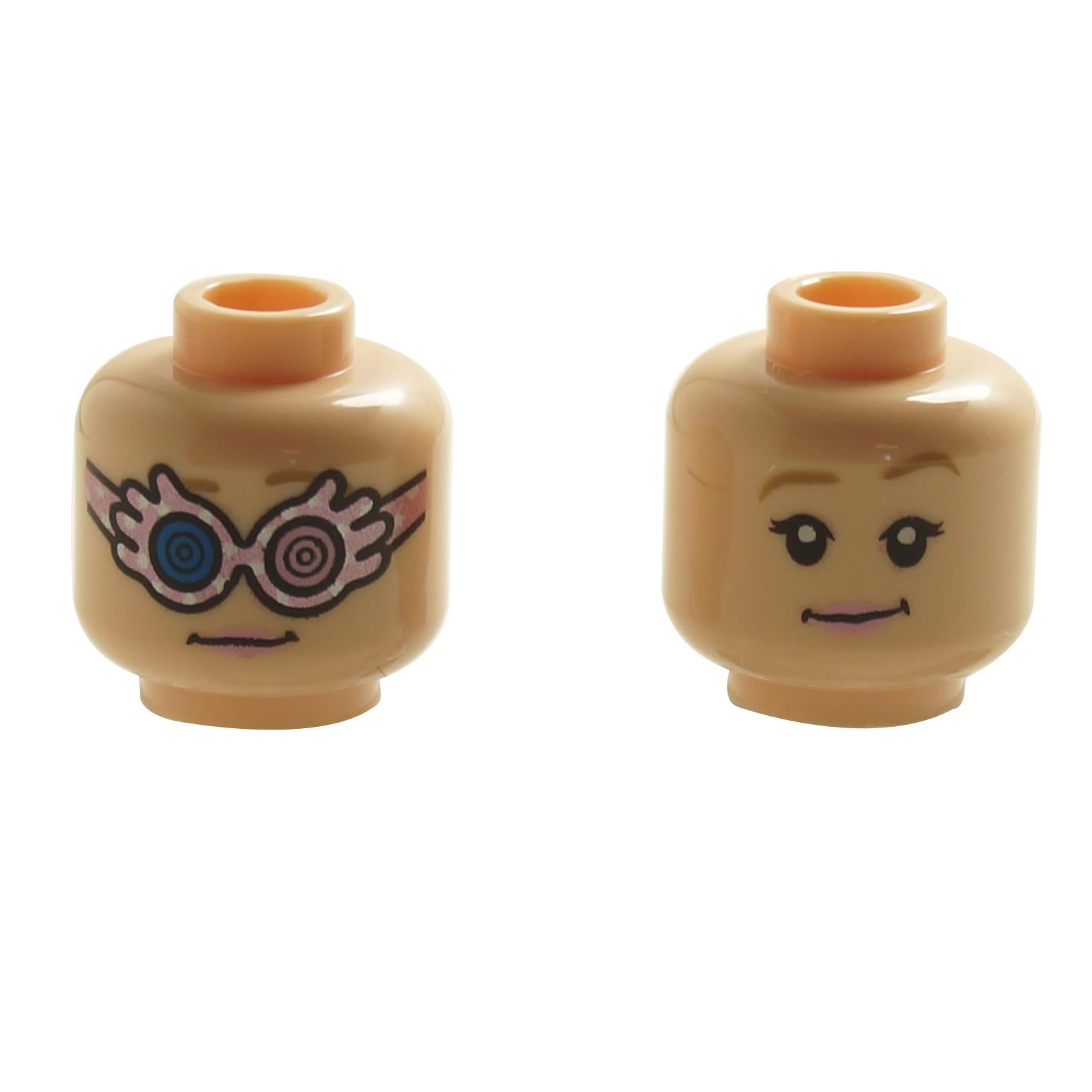 Light nougat minifigure head with dual-sided print featuring female smile and silver and metallic pink spectrespecs glasses
