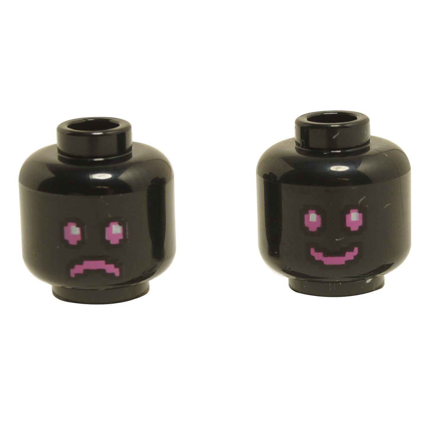 Black minifigure head with dual-sided pixelated face print showing pink smile on one side and pink frown on the other