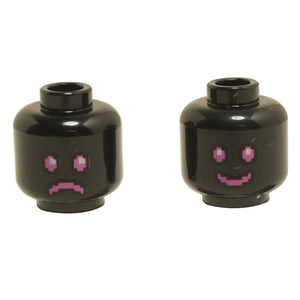 Black minifigure head with dual-sided pixelated face print showing pink smile on one side and pink frown on the other