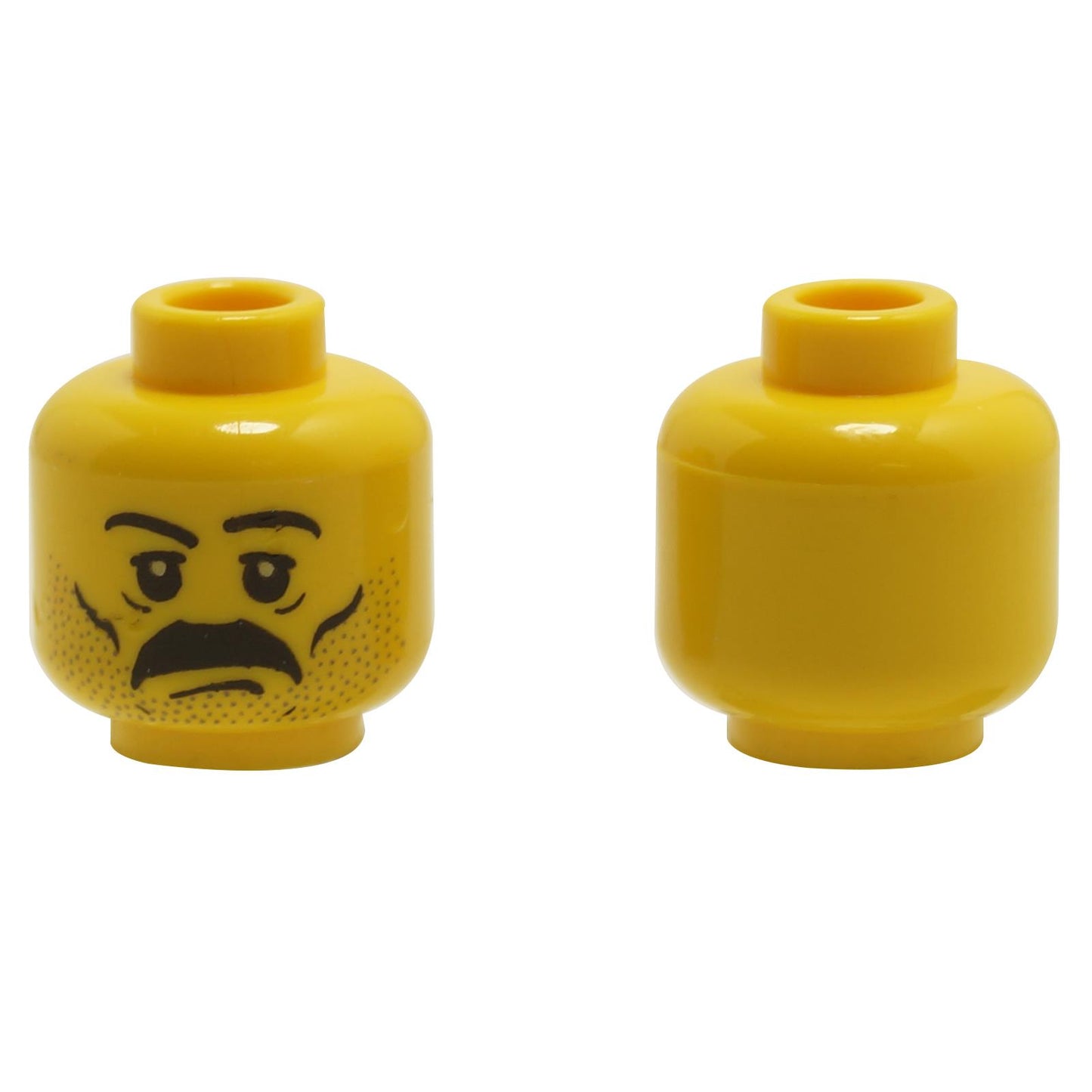 A LEGO minifigure head with a frown expression, thick eyebrows, and stubble pattern, featuring white pupils and eyebrows.