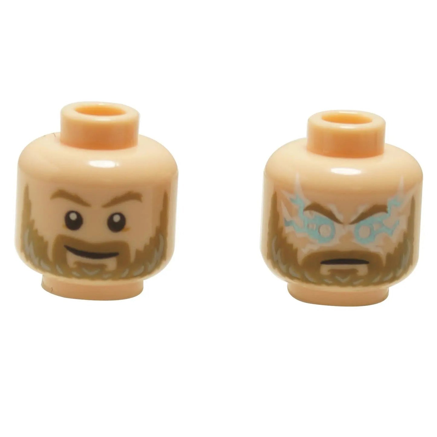 LEGO® minifigure head with beard featuring two expressions: confident grin and angry face with glowing lightning eyes pattern
