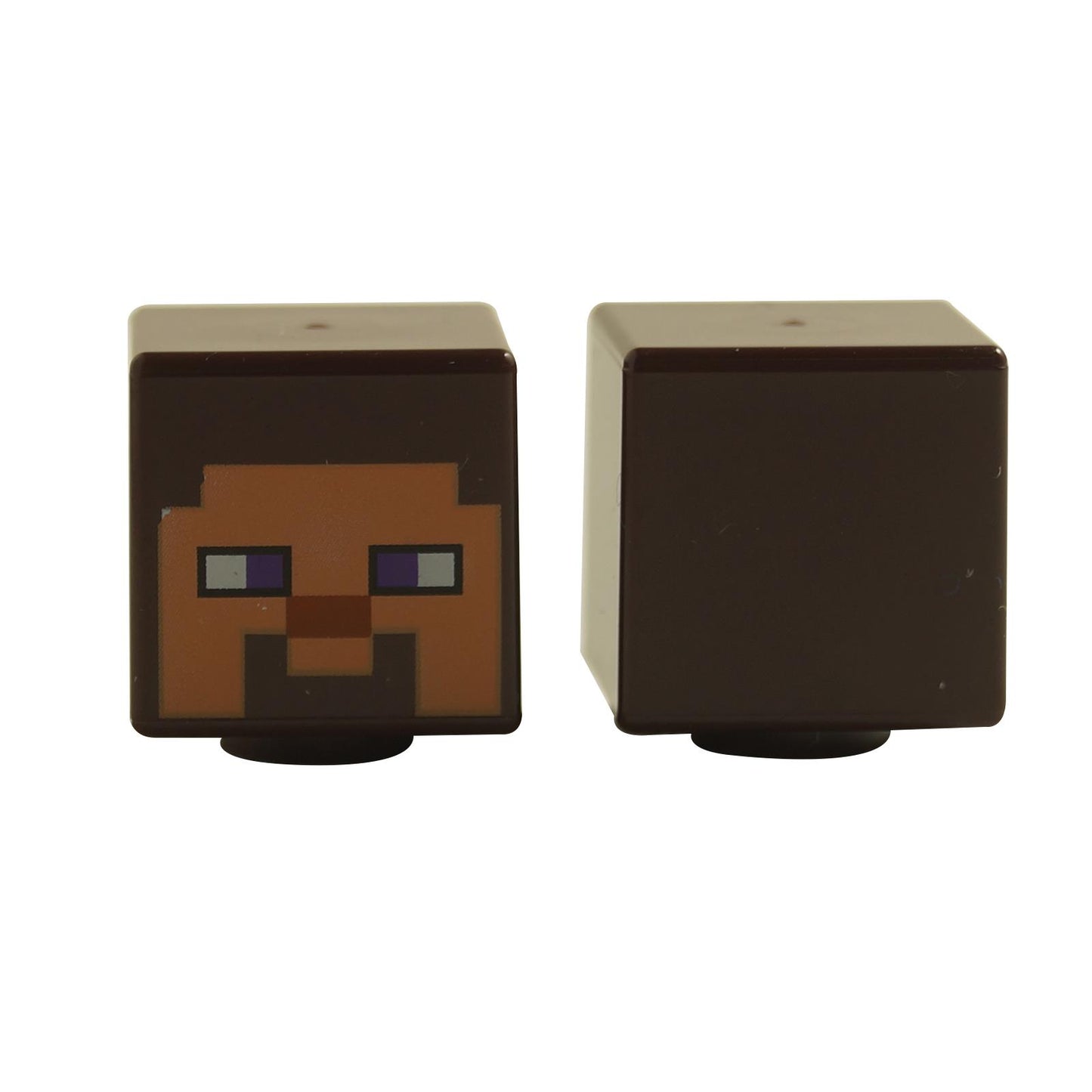 A dark brown cube-shaped minifigure head with a pixelated Steve face pattern from Minecraft.