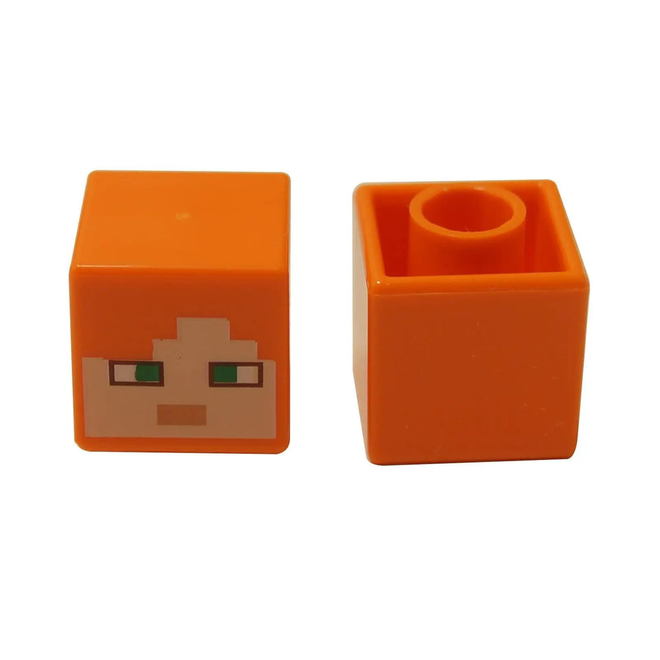 Orange pixelated cube minifigure head with green eyes and printed face, front and back view
