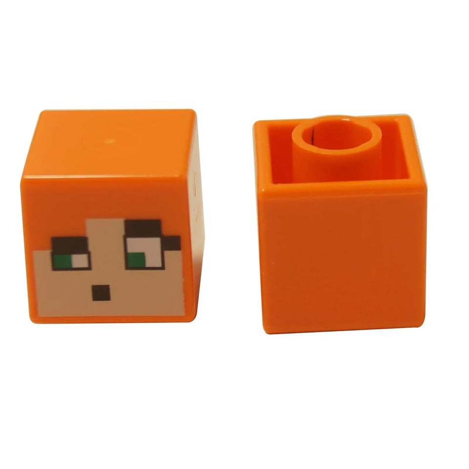 Pixelated cube minifigure head for Minecraft Alex with orange hair and printed face
