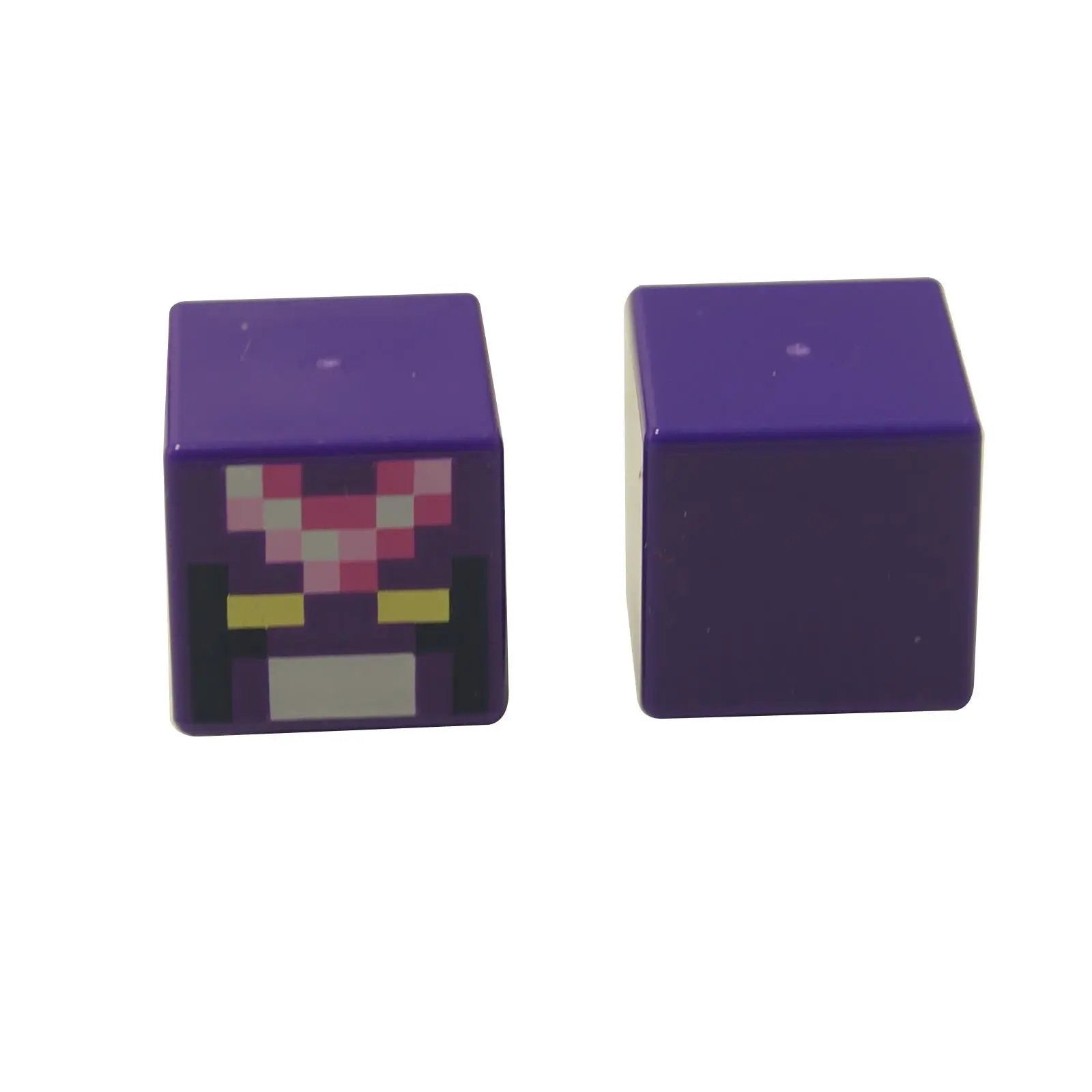 Purple pixelated cube minifigure head for Minecraft Crystal Knight with printed face, front and back view
