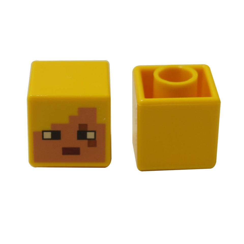 Yellow pixelated cube minifigure head for Minecraft Dragon Archer with printed face, front and back view
