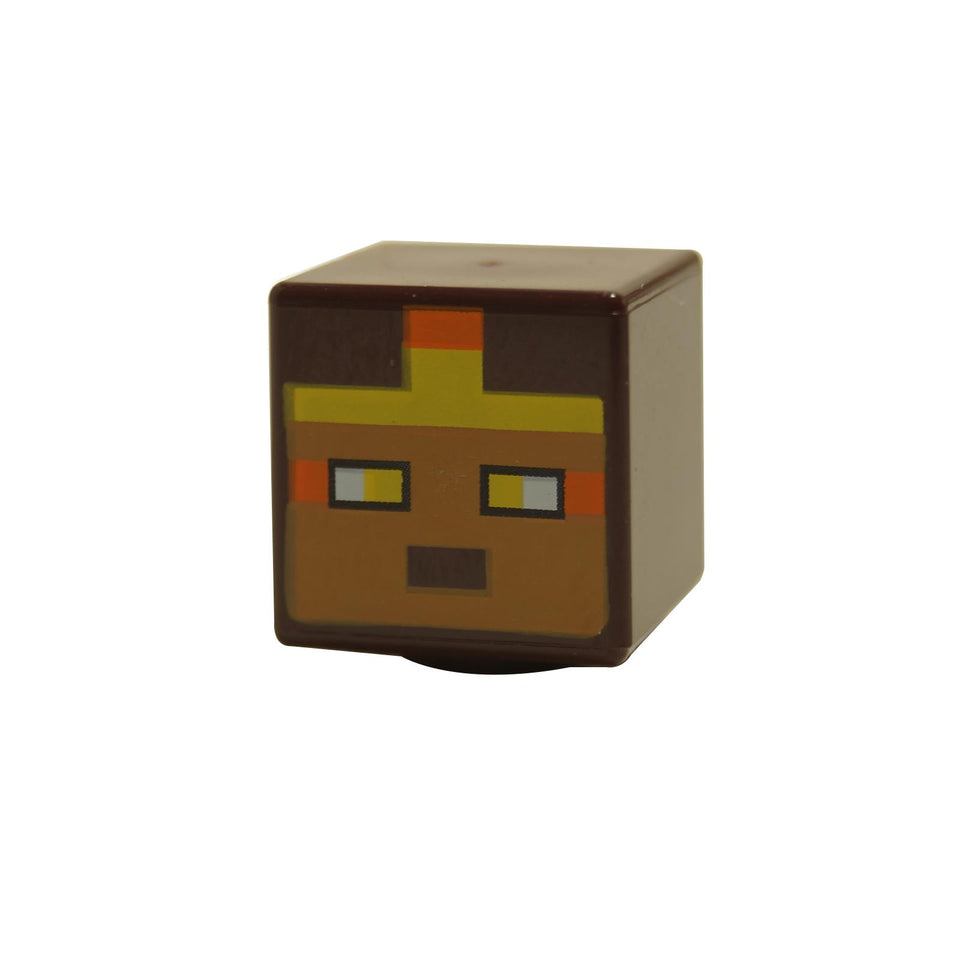 Pixelated cube minifigure head for Minecraft Golden Knight with gold headband print and face details
