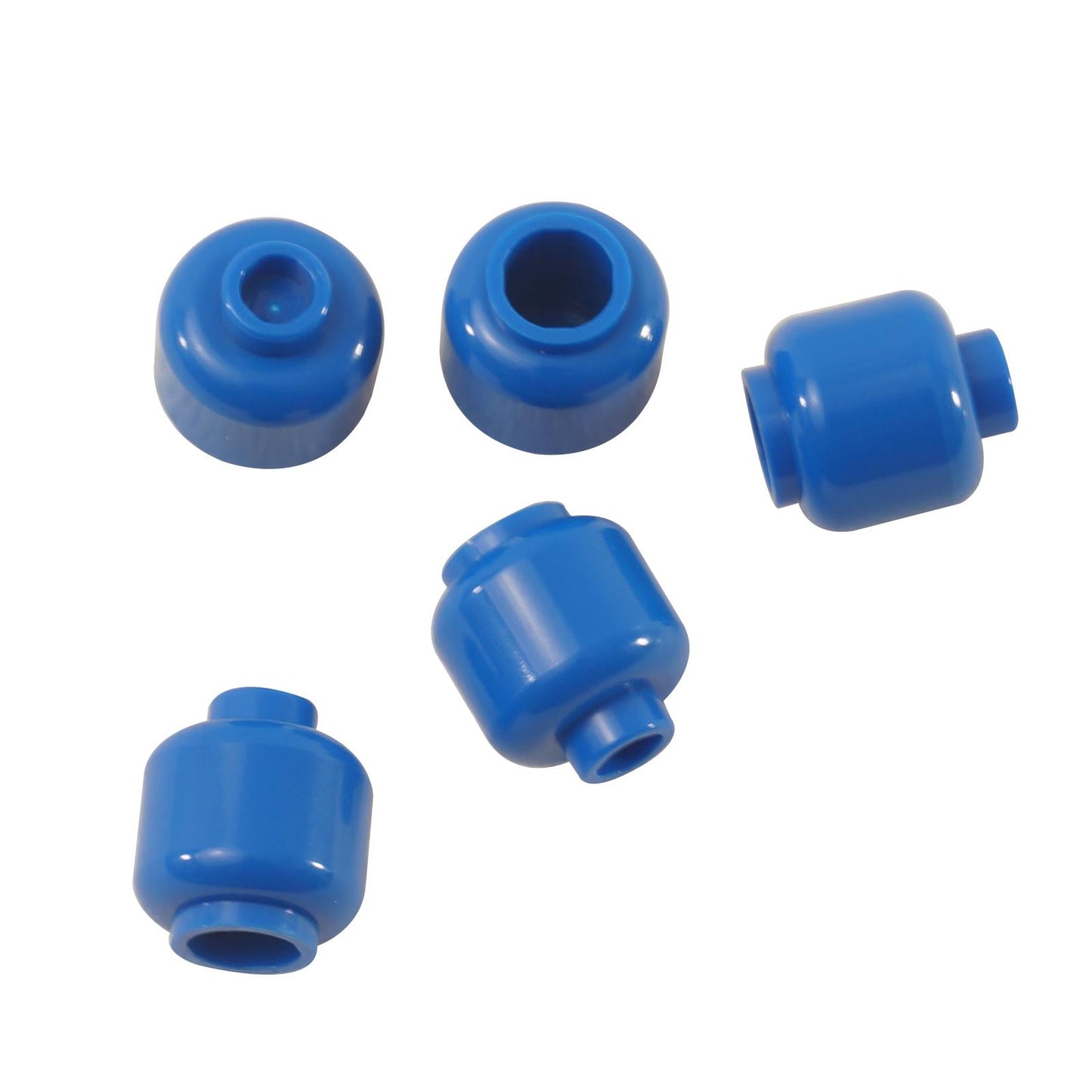 Plain blue minifigure head with smooth cylindrical shape, stud on top and hollow underside