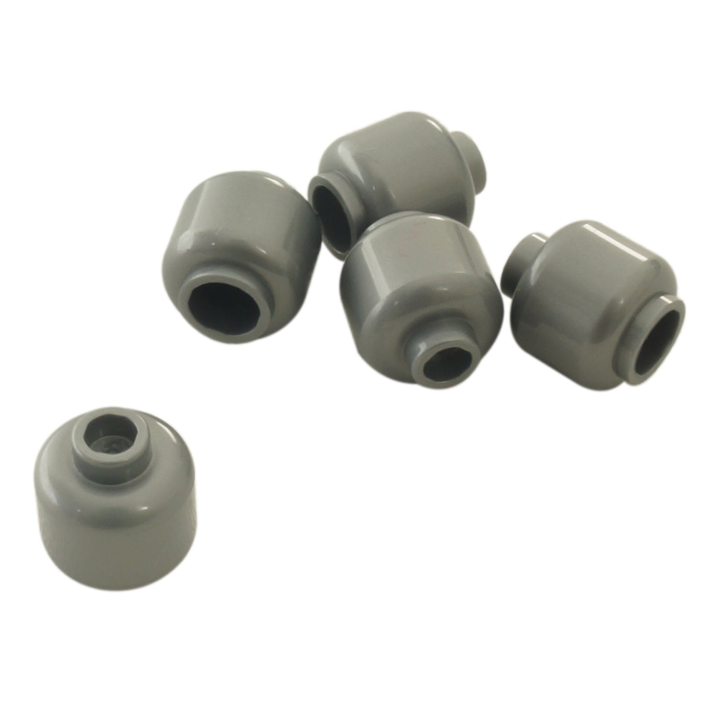 Plain flat silver minifigure head with smooth cylindrical shape, stud on top and hollow underside