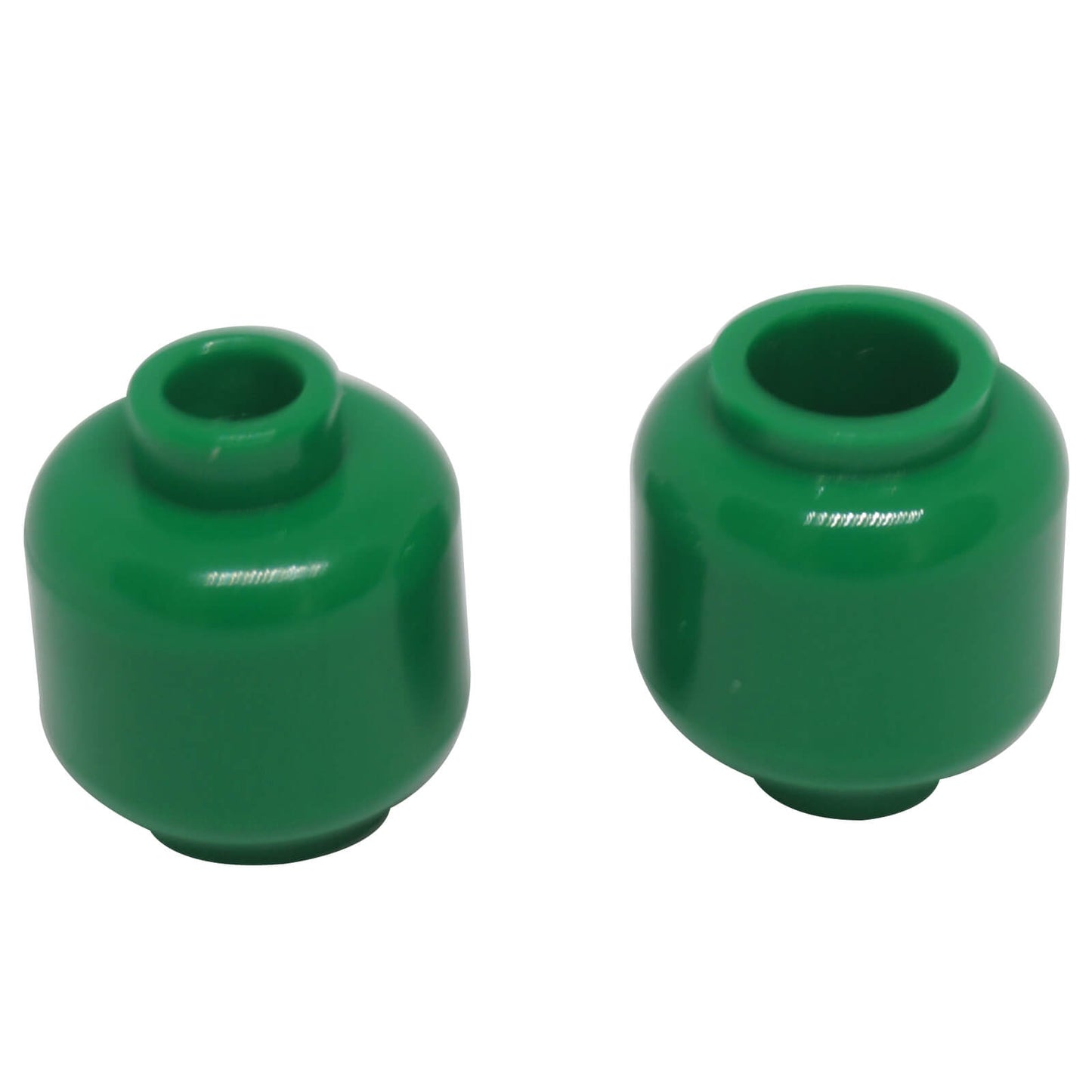 Plain green minifigure head with smooth cylindrical shape, stud on top and hollow underside