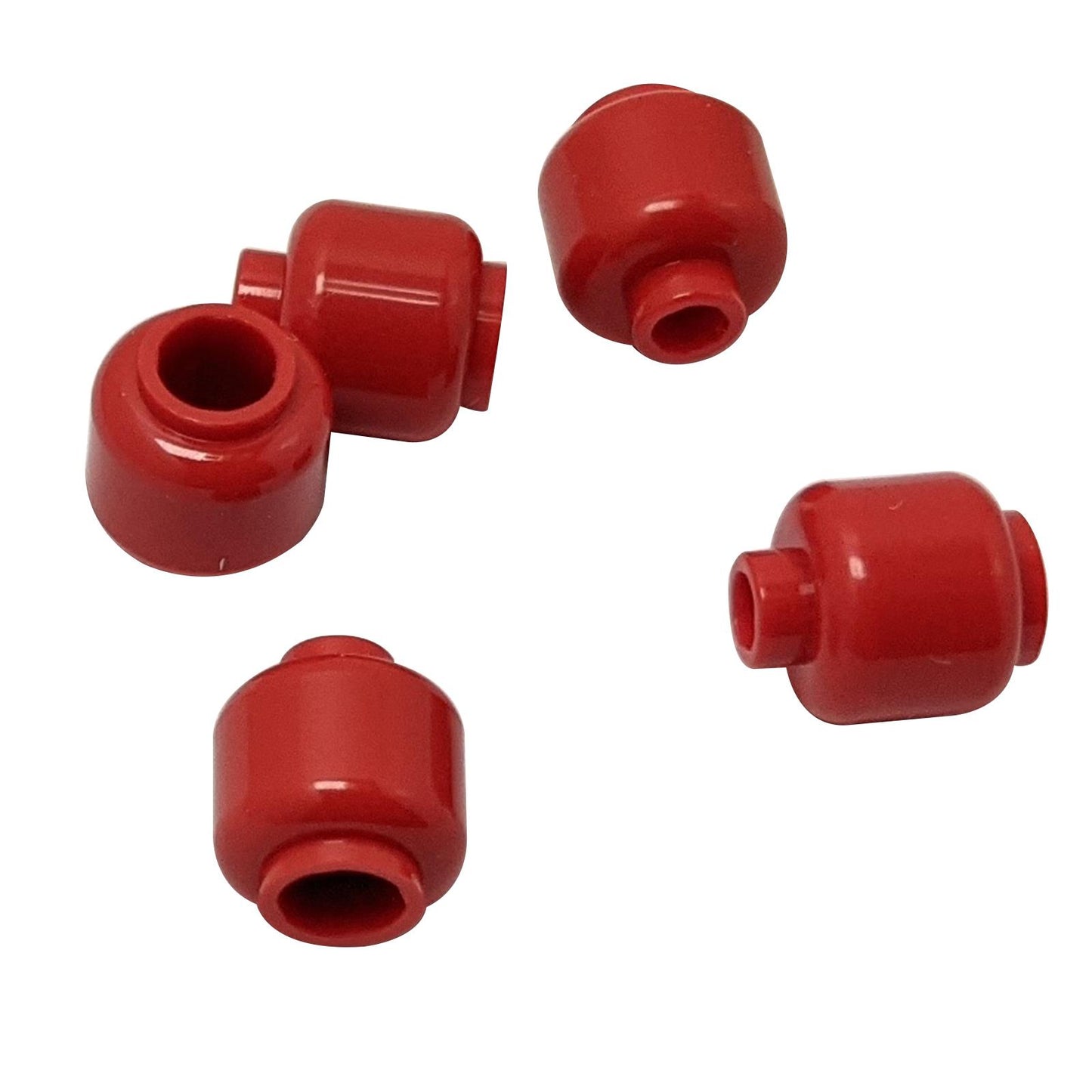 Plain red minifigure head with smooth cylindrical shape, stud on top and hollow underside