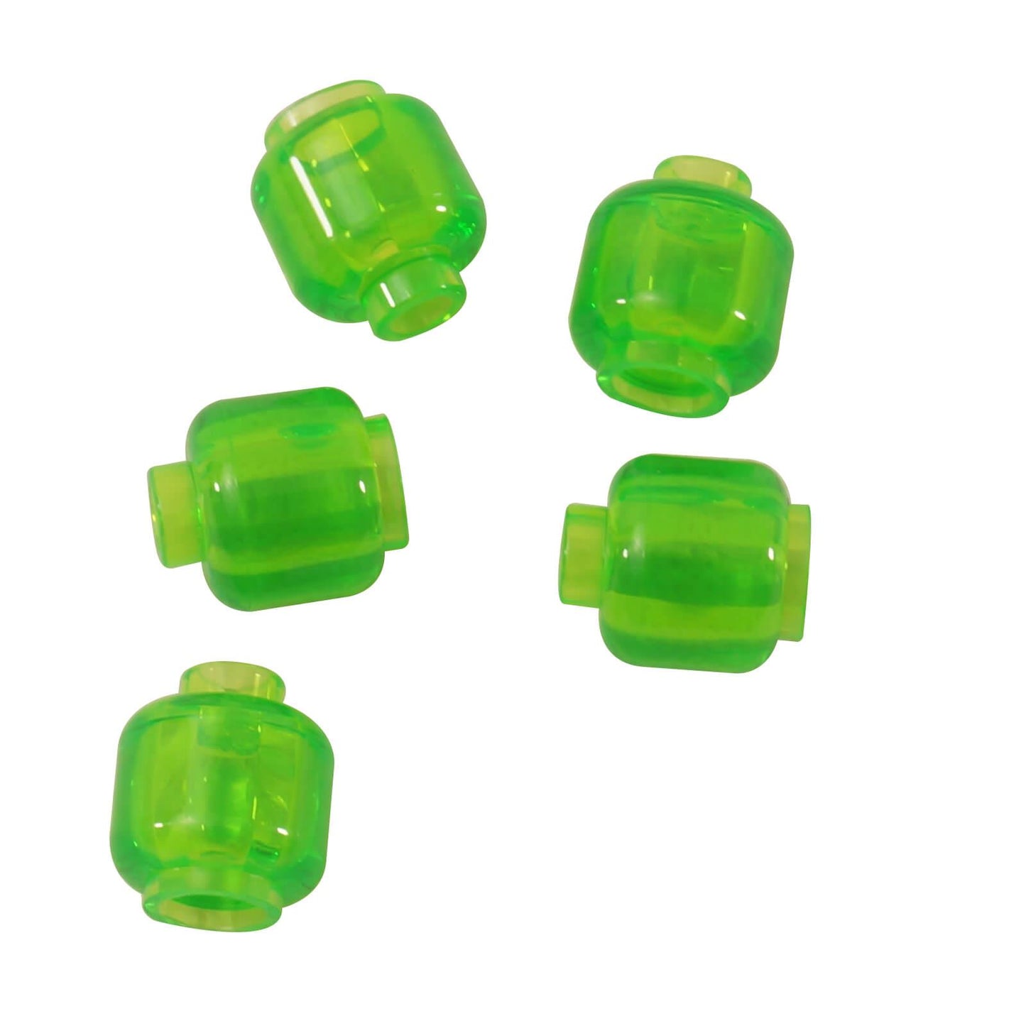 Transparent bright green plain minifigure head with smooth cylindrical shape, stud on top and hollow underside