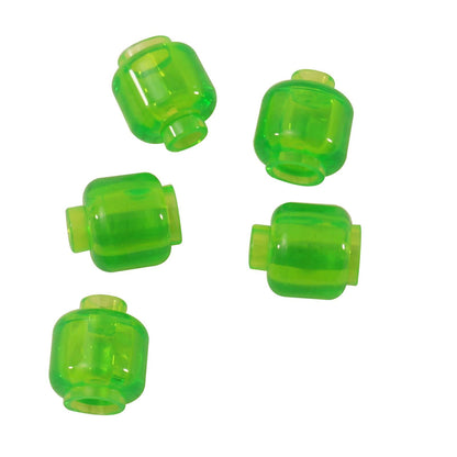 Transparent bright green plain minifigure head with smooth cylindrical shape, stud on top and hollow underside