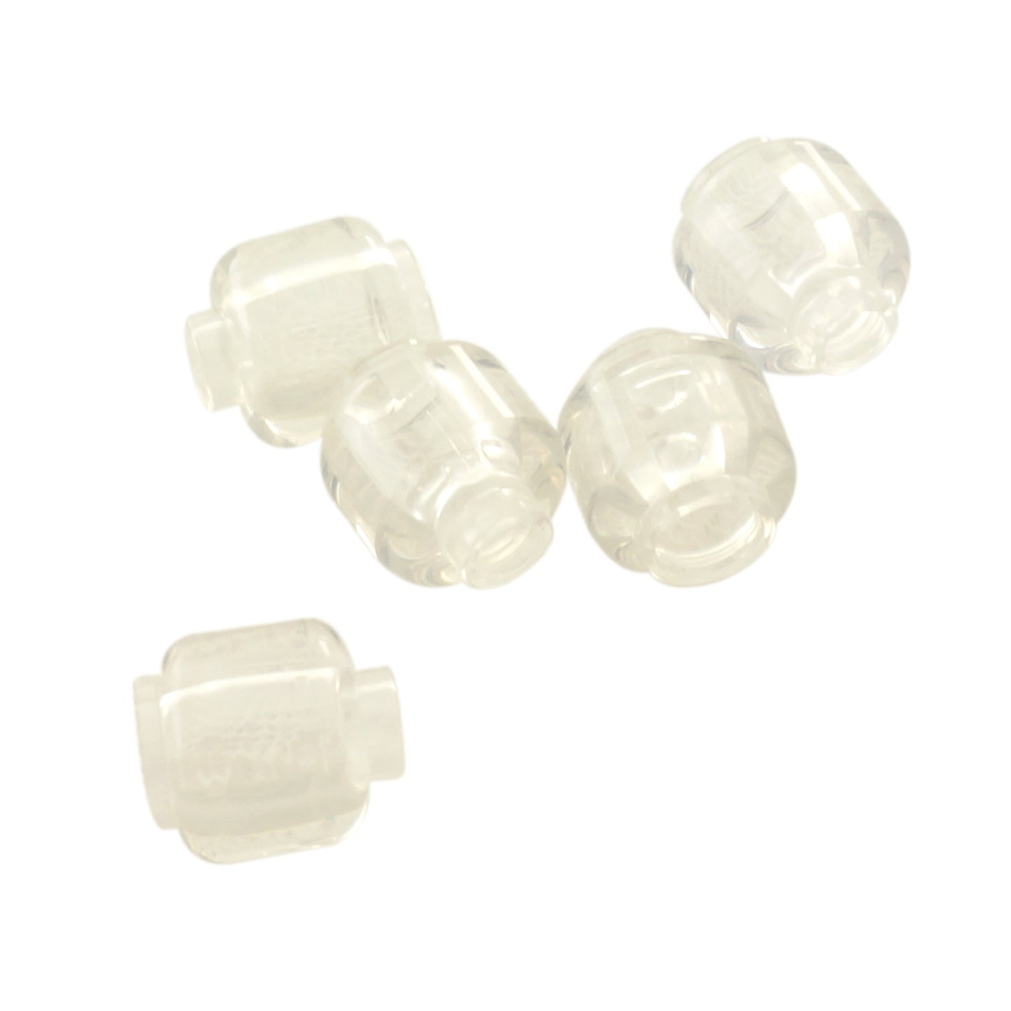 Transparent clear plain minifigure head with smooth cylindrical shape, stud on top and hollow underside
