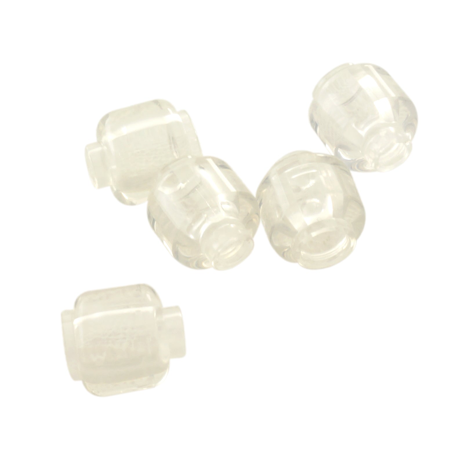 Transparent clear plain minifigure head with smooth cylindrical shape, stud on top and hollow underside