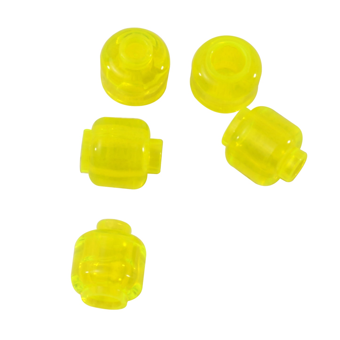 Transparent neon green plain minifigure head with smooth cylindrical shape, stud on top and hollow underside