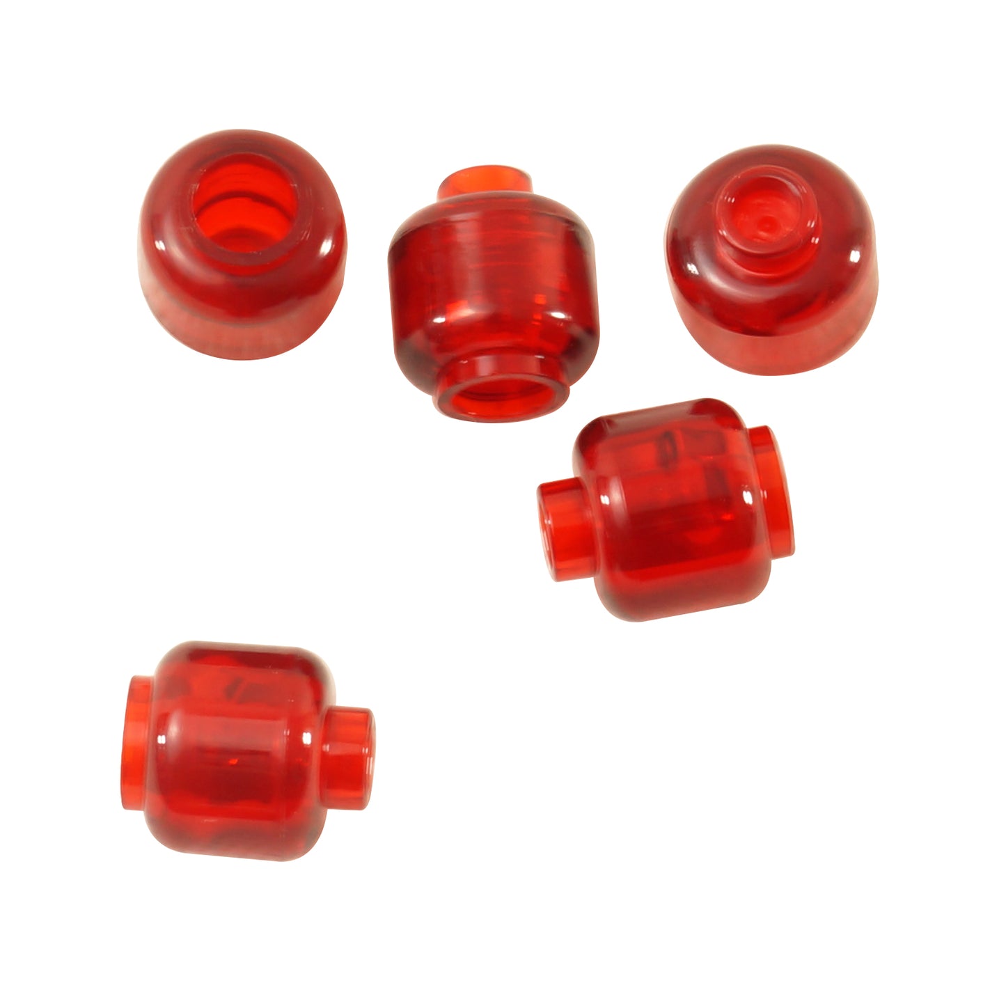 Transparent red plain minifigure head with smooth cylindrical shape, stud on top and hollow underside