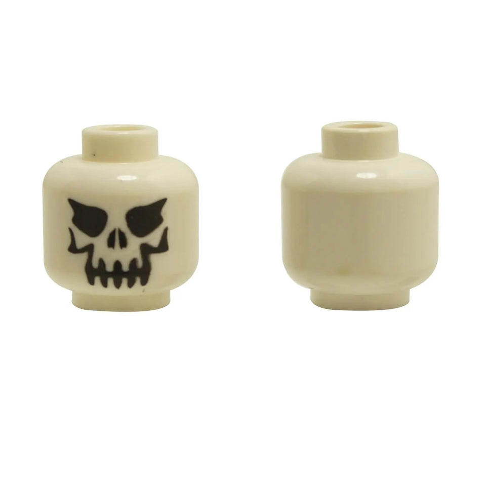 Minifigure skull head with evil expression, black printed eyebrows and detailed teeth pattern