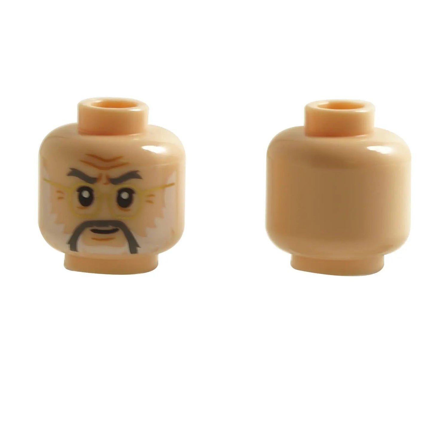 Minifigure head with wise elder expression, white beard and printed glasses detail