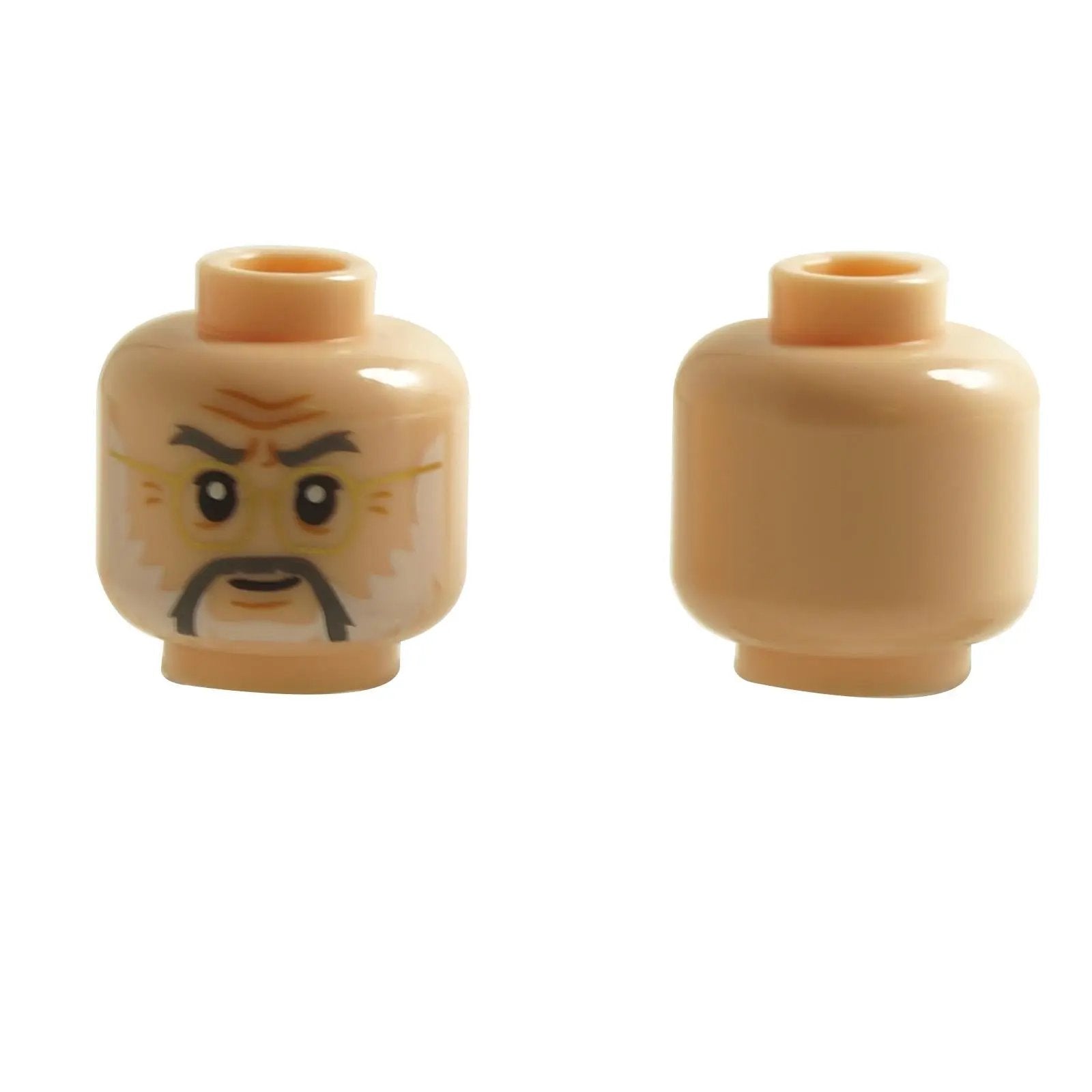 Minifigure head with wise elder expression, white beard and printed glasses detail