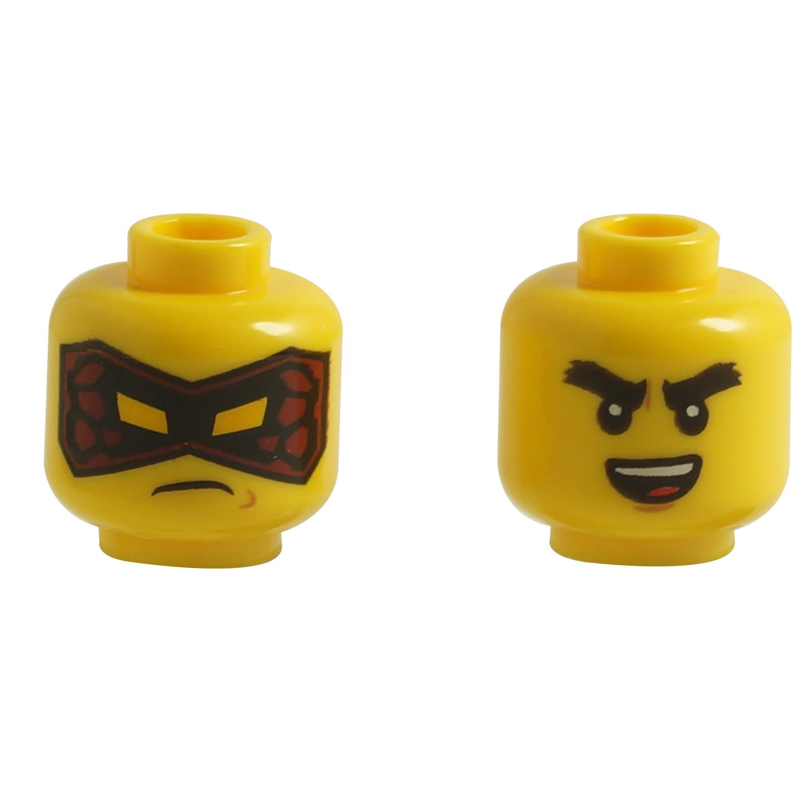 LEGO® minifigure head 3626pb3387 yellow dual sided – ninja mask print with red hexagonal visor and confident open-mouth expression