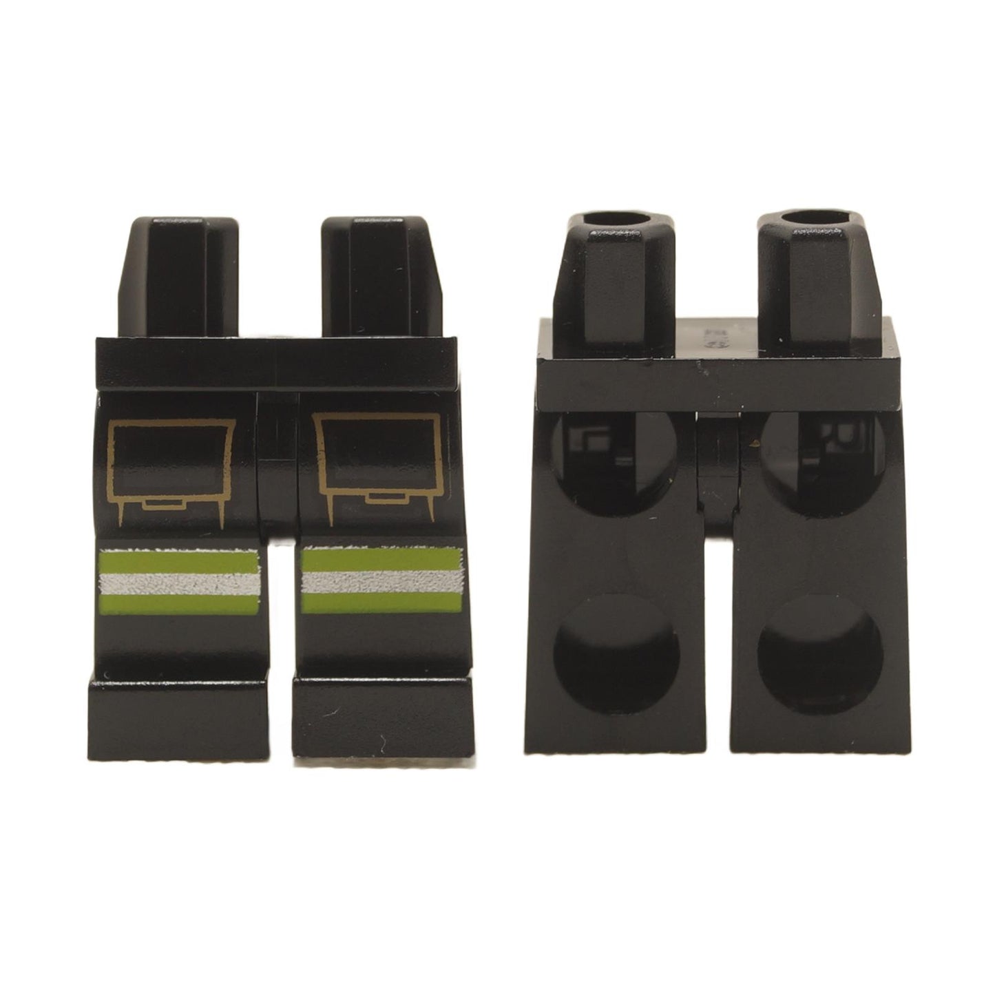 Kaki minifigure LEGO hitam dengan jalur reflektif, pandangan depan dan belakang