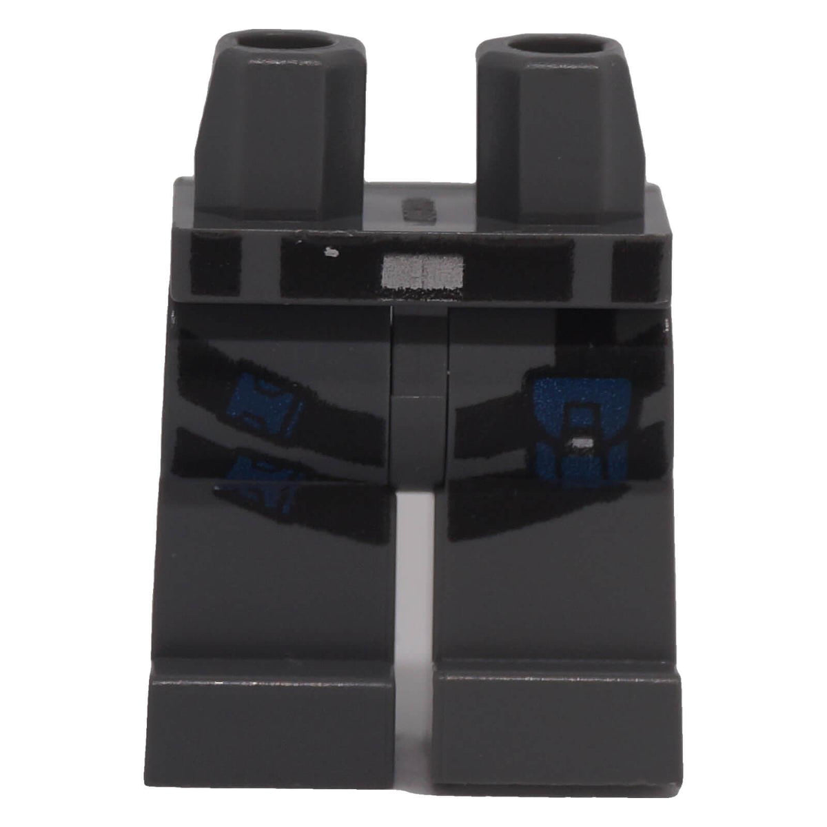 Dark bluish gray LEGO minifigure legs 970c00pb0417 with black straps, dark blue clips and pouch print