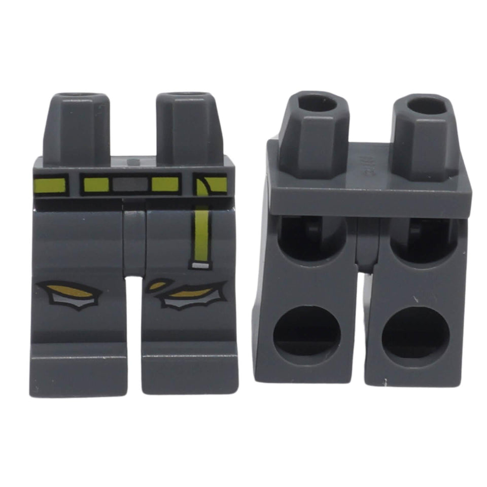 Front and back view of LEGO® minifigure hips and legs 970c00pb1465 with lime belt and torn knee pattern