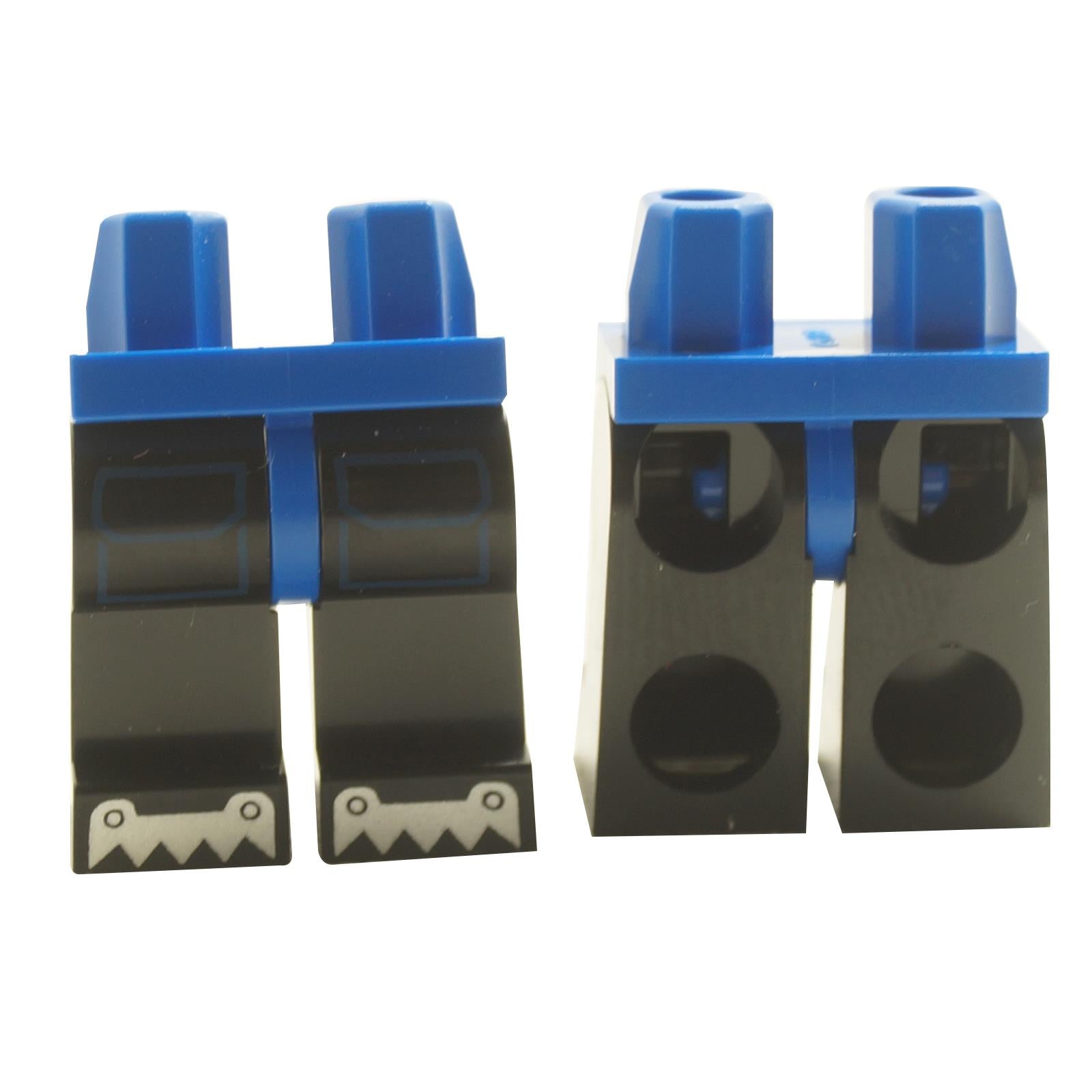 LEGO hips and legs with dark blue pockets and silver ice cleats on the toes.