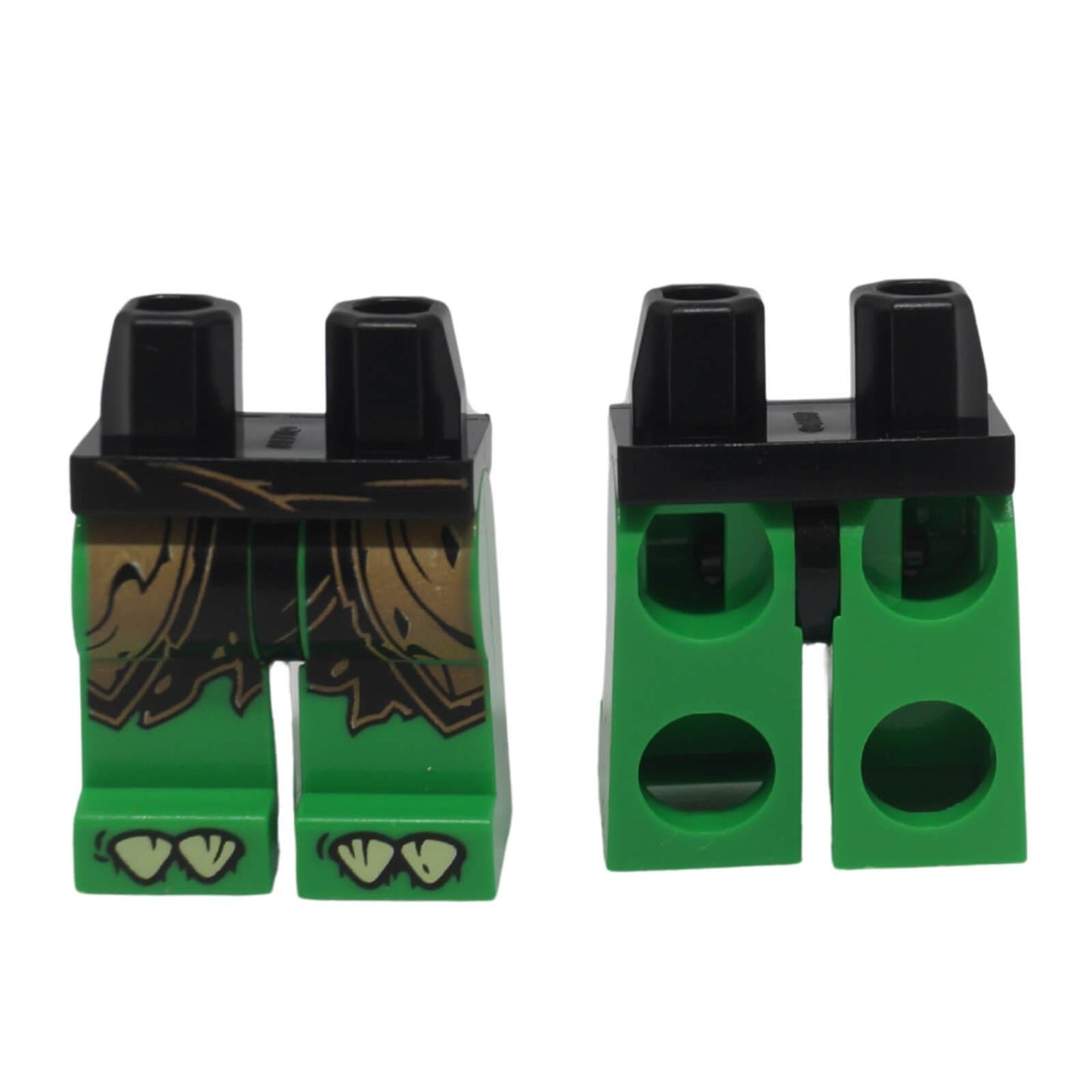 LEGO® minifigure hips with bright green legs featuring a black and dark tan cloth wrap print and claw decoration on the feet.