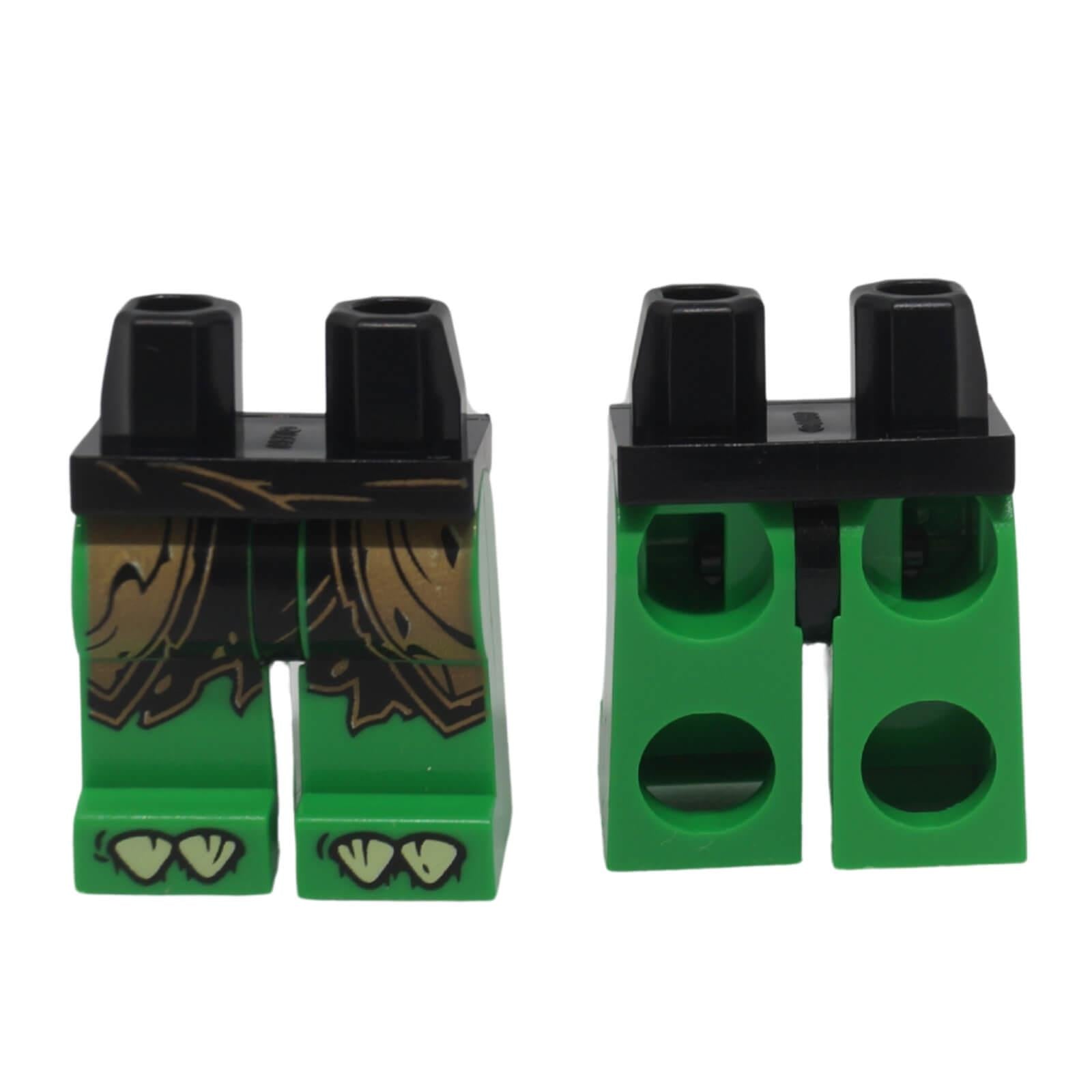 LEGO® minifigure hips with bright green legs featuring a black and dark tan cloth wrap print and claw decoration on the feet.
