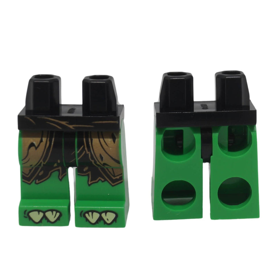 LEGO® minifigure hips with bright green legs featuring a black and dark tan cloth wrap print and claw decoration on the feet.