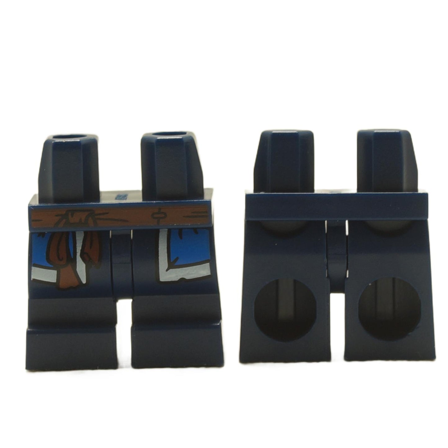dark blue LEGO medium legs with a brown belt and white trim, and a reddish brown sash with a knot pattern.